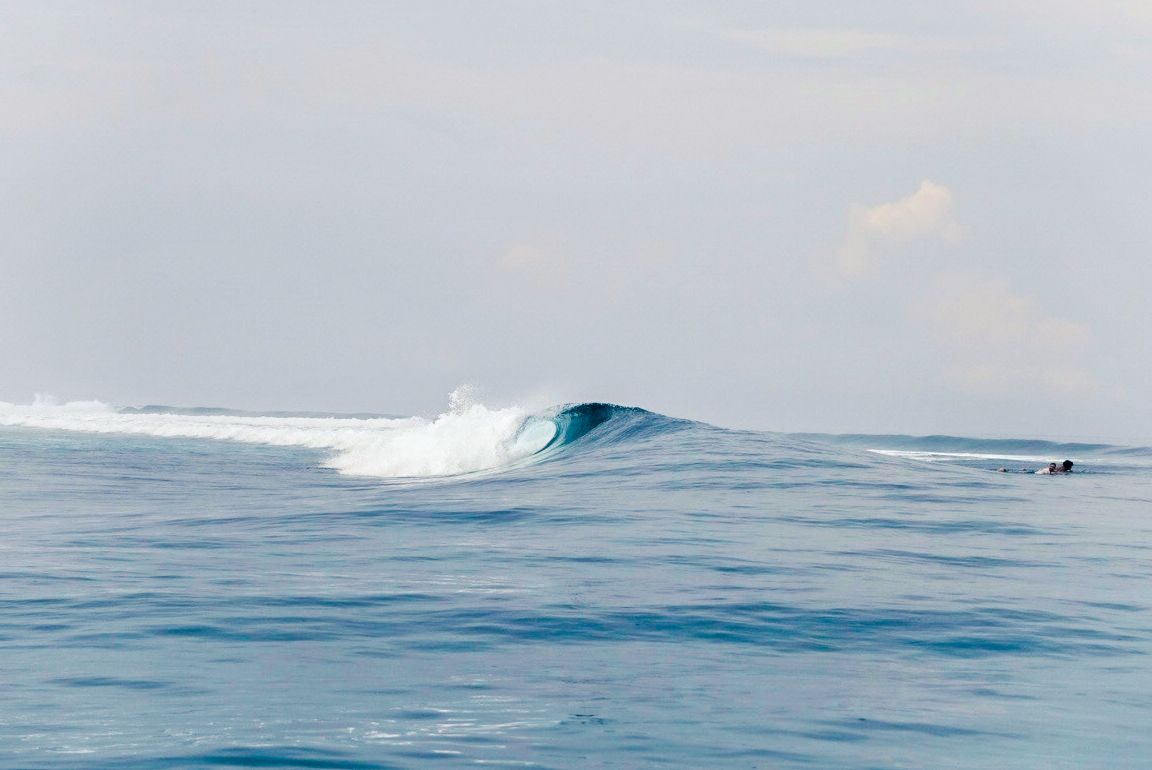 Vague se formant au large sous un ciel pâle — photographie de surf en voyage