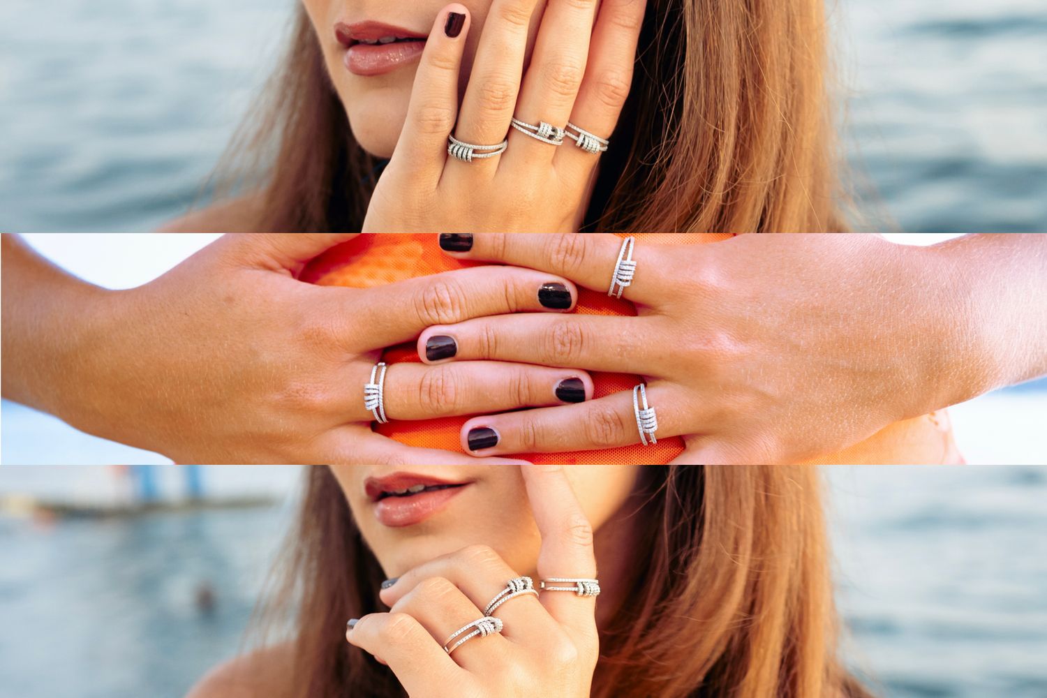 Mains portant plusieurs bagues fines devant un portrait au bord de l'eau — photographie de bijoux en lifestyle