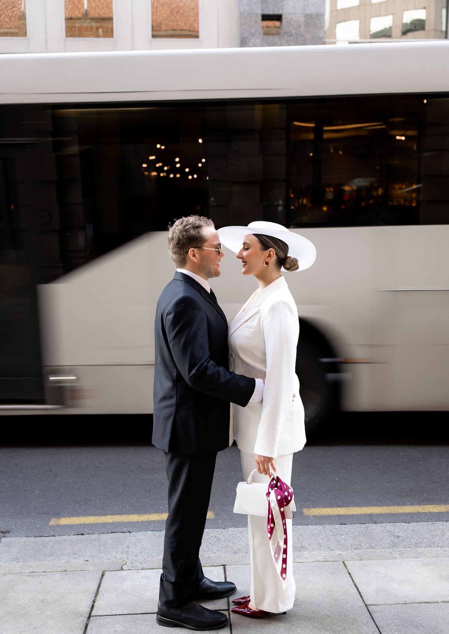 elopement couple laughing adelaide city couple standing on street