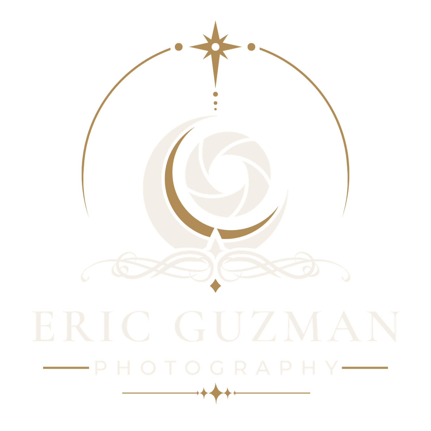 Elegant gold and white Eric Guzman Photography logo featuring a crescent moon, star, and spiral design on white background.