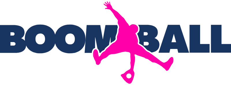 Boomball logo featuring bold navy blue text with a pink silhouette of a person jumping with a ball.