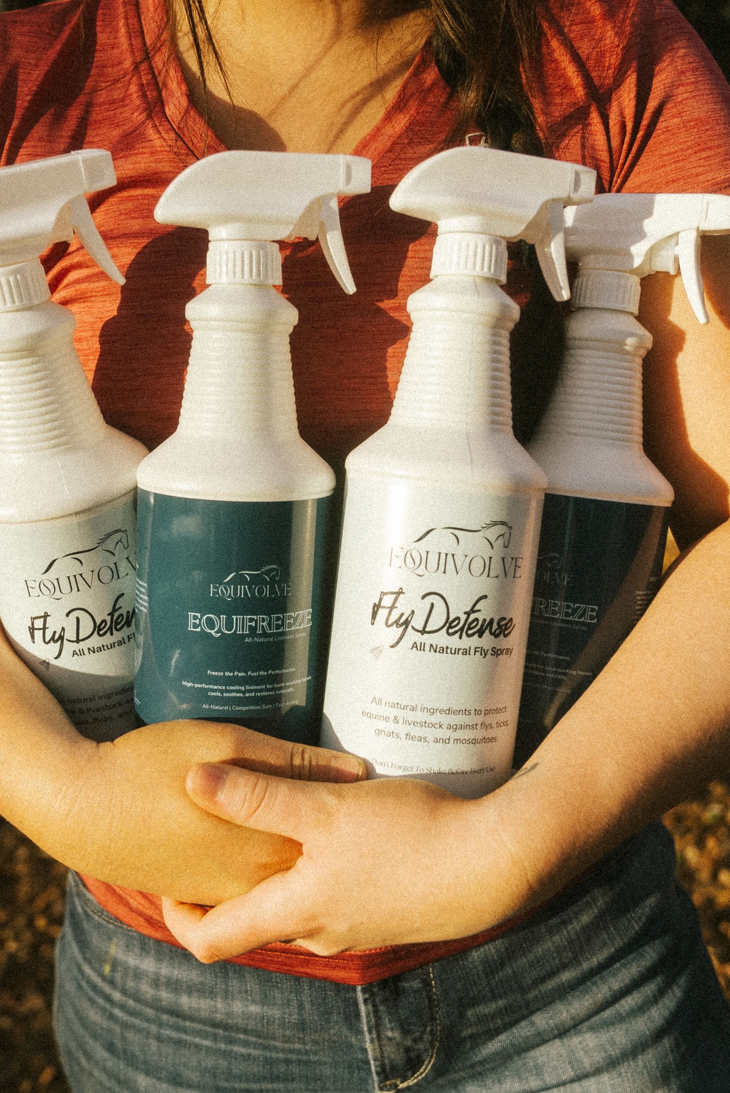 Equine brand product photography for Equivolve featuring three natural horse care products.