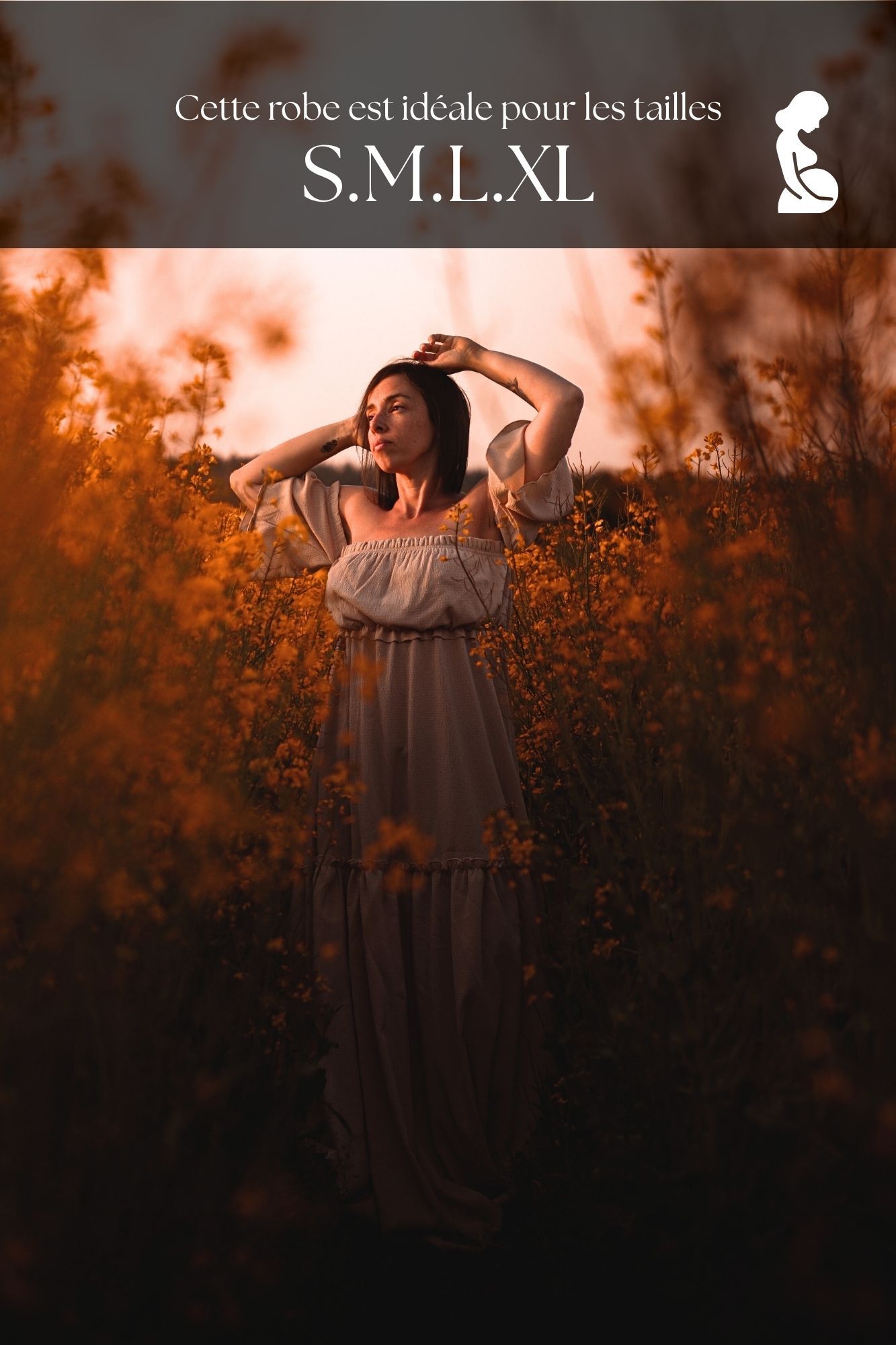 Woman in white off-shoulder dress standing in golden flower field at sunset, ideal for sizes S, M, L, XL.
