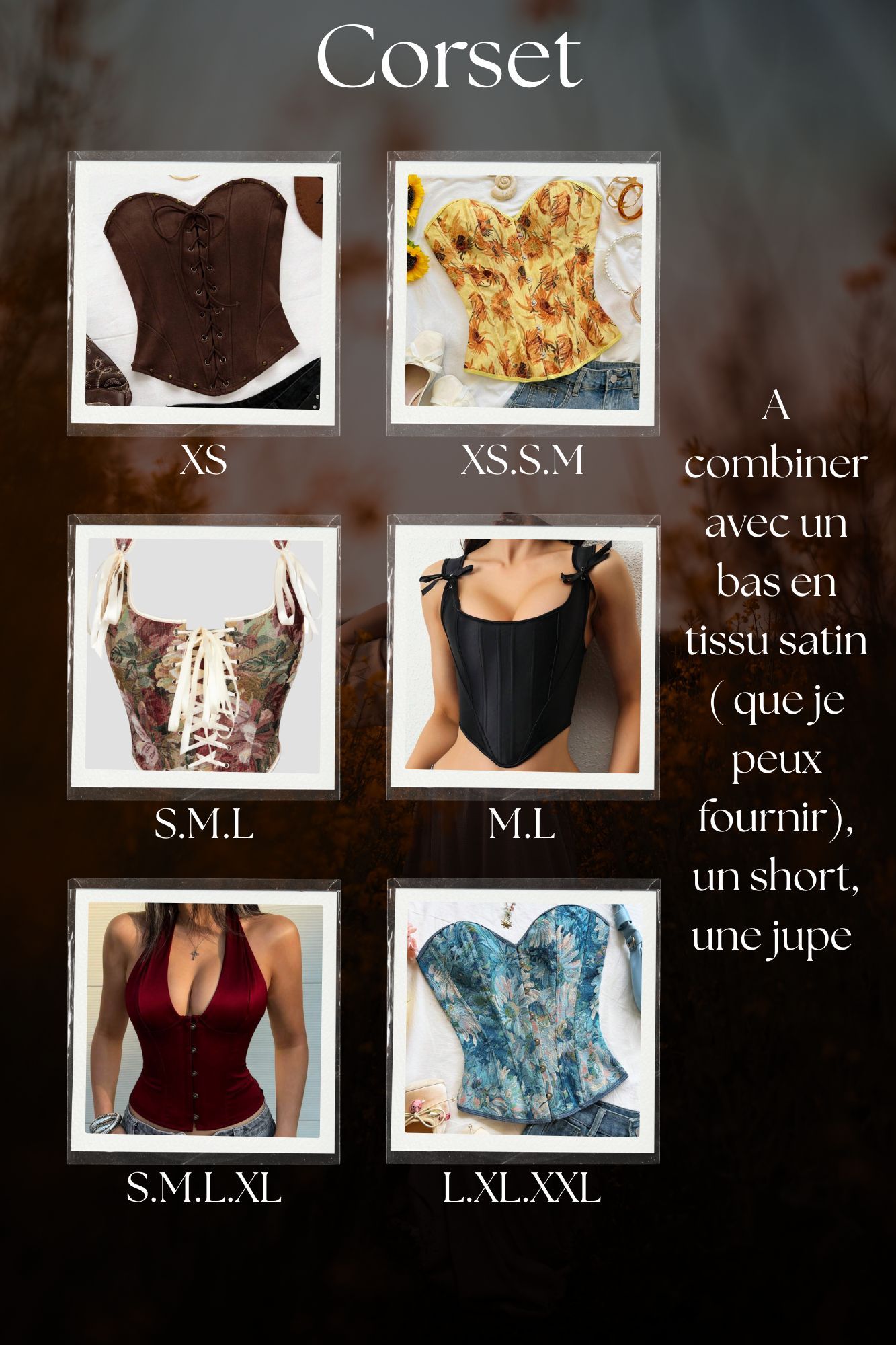Six corset styles displayed in XS to XXL sizes, featuring brown lace-up, floral, black, red velvet, and blue brocade designs.