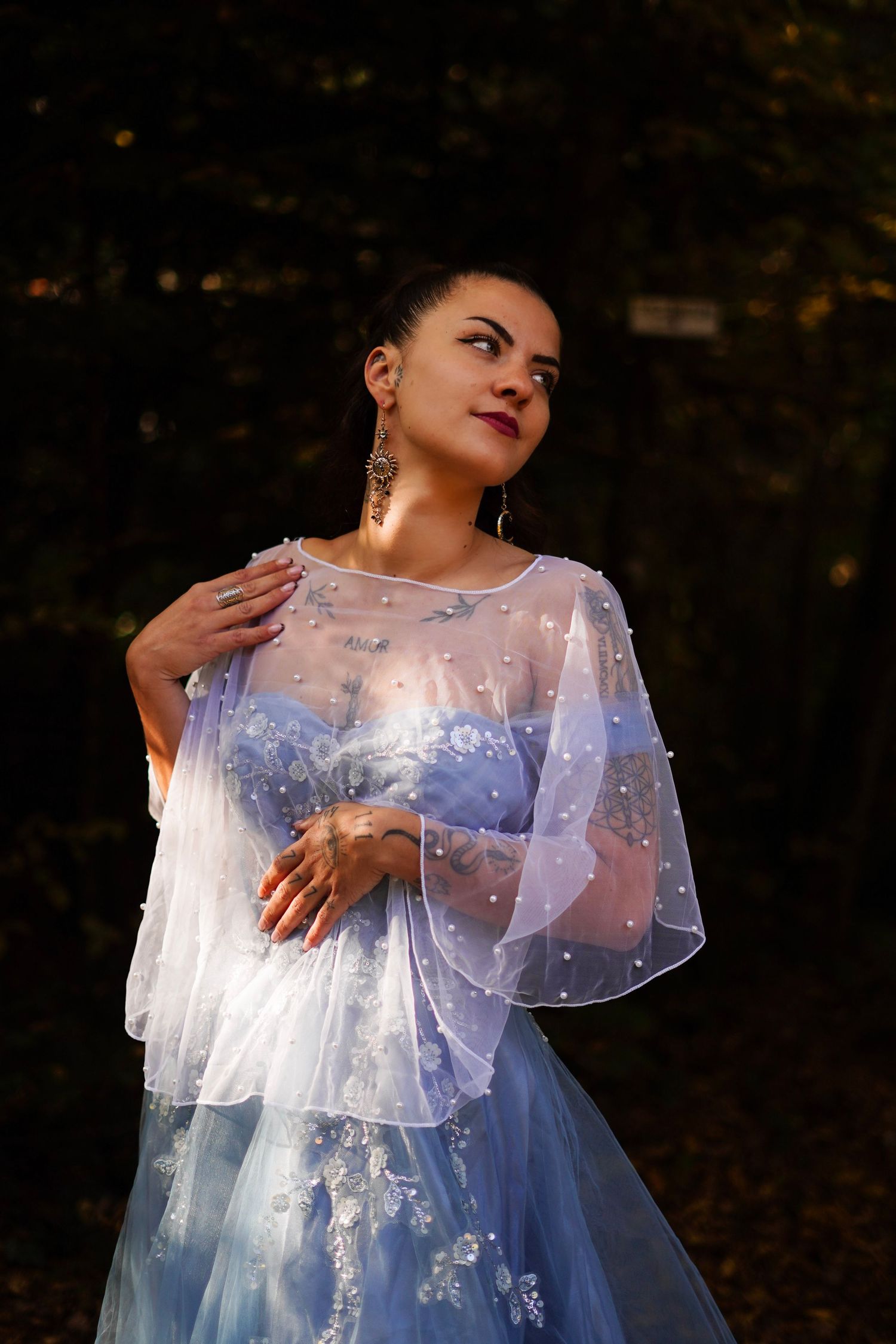 Elegant woman in blue sheer embellished gown posing in dark autumn forest.