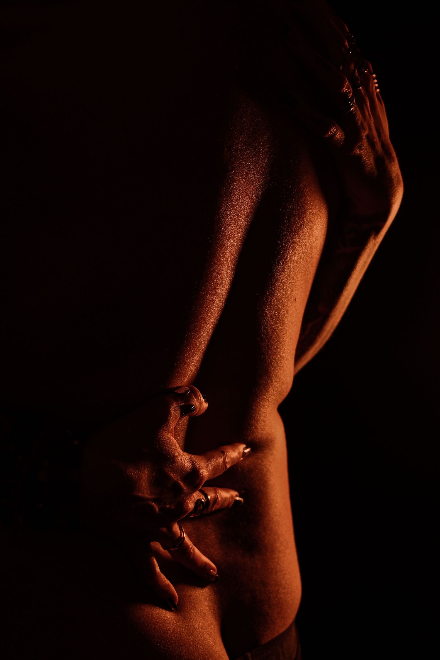 Artistic silhouette of nude female torso with hands clasped behind back in warm light.