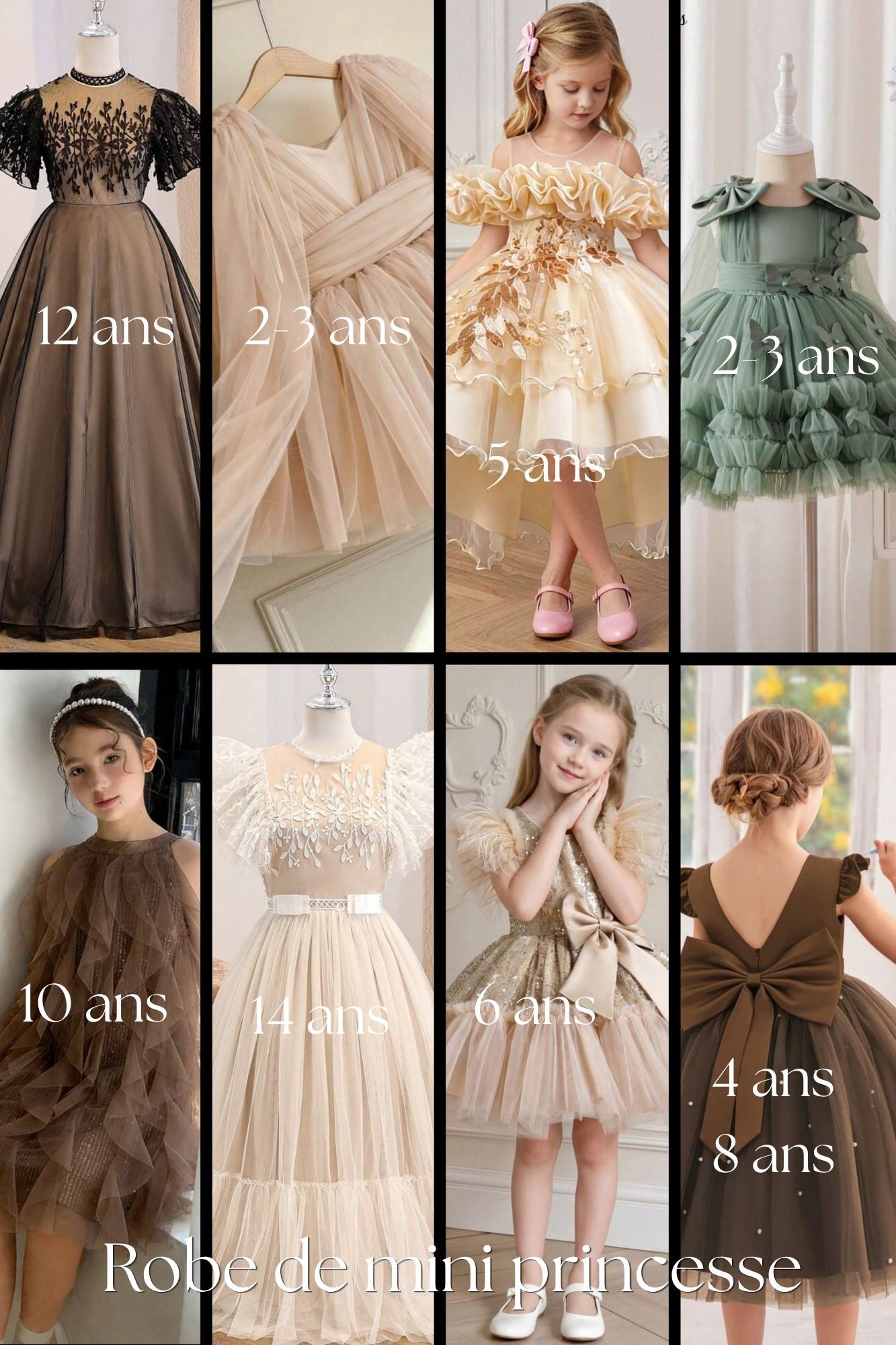 Elegant mini princess dresses for girls aged 2-14 years in tulle, featuring gold, brown, green, and beige formal gowns.