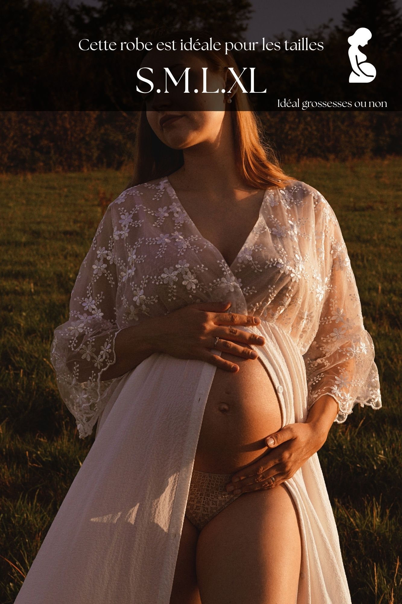 Pregnant woman in white lace maternity robe outdoors, available in sizes S, M, L, XL, ideal for maternity photos.