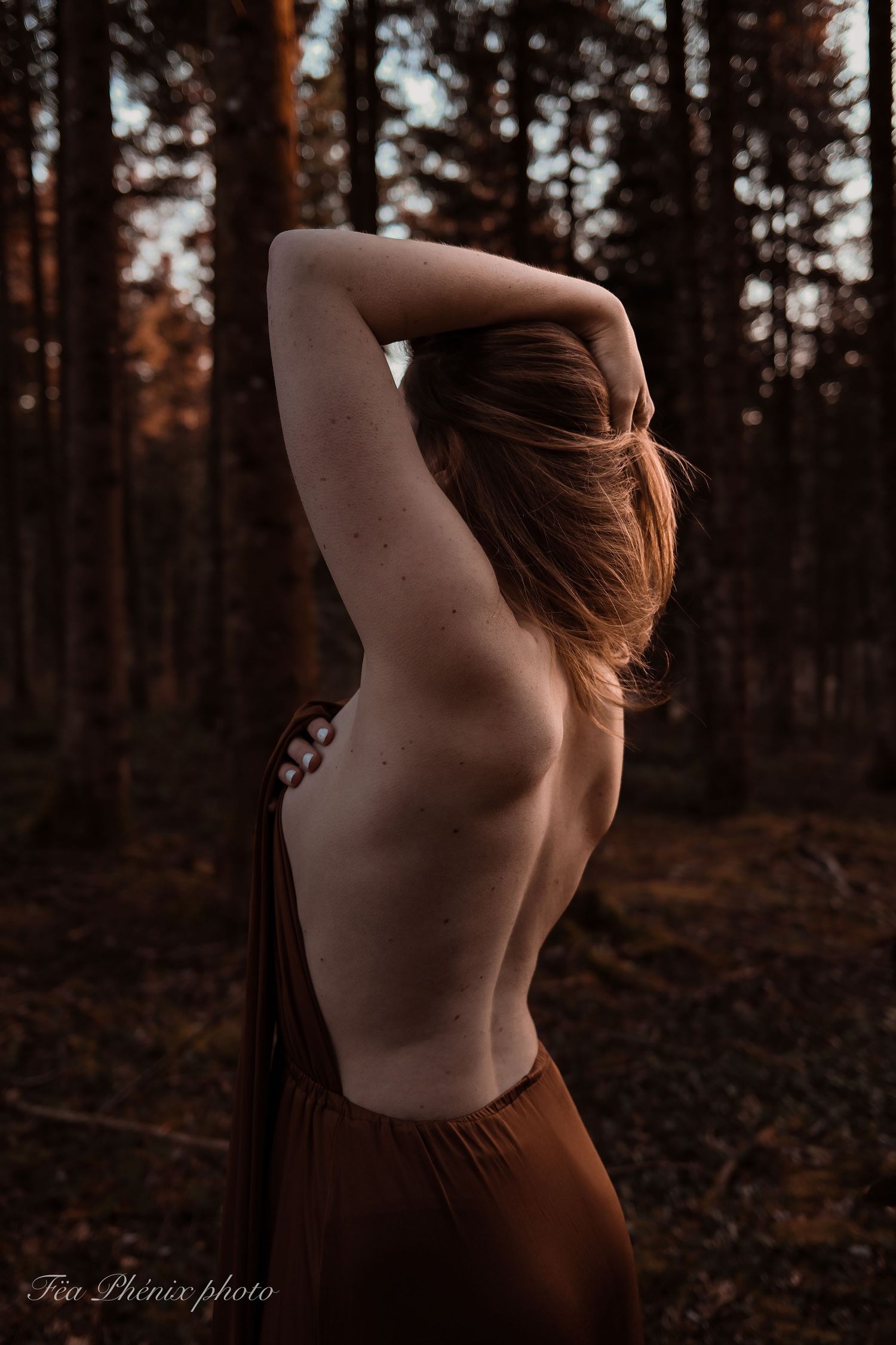 Woman with bare back and auburn hair poses gracefully in dark autumn pine forest at golden hour.
