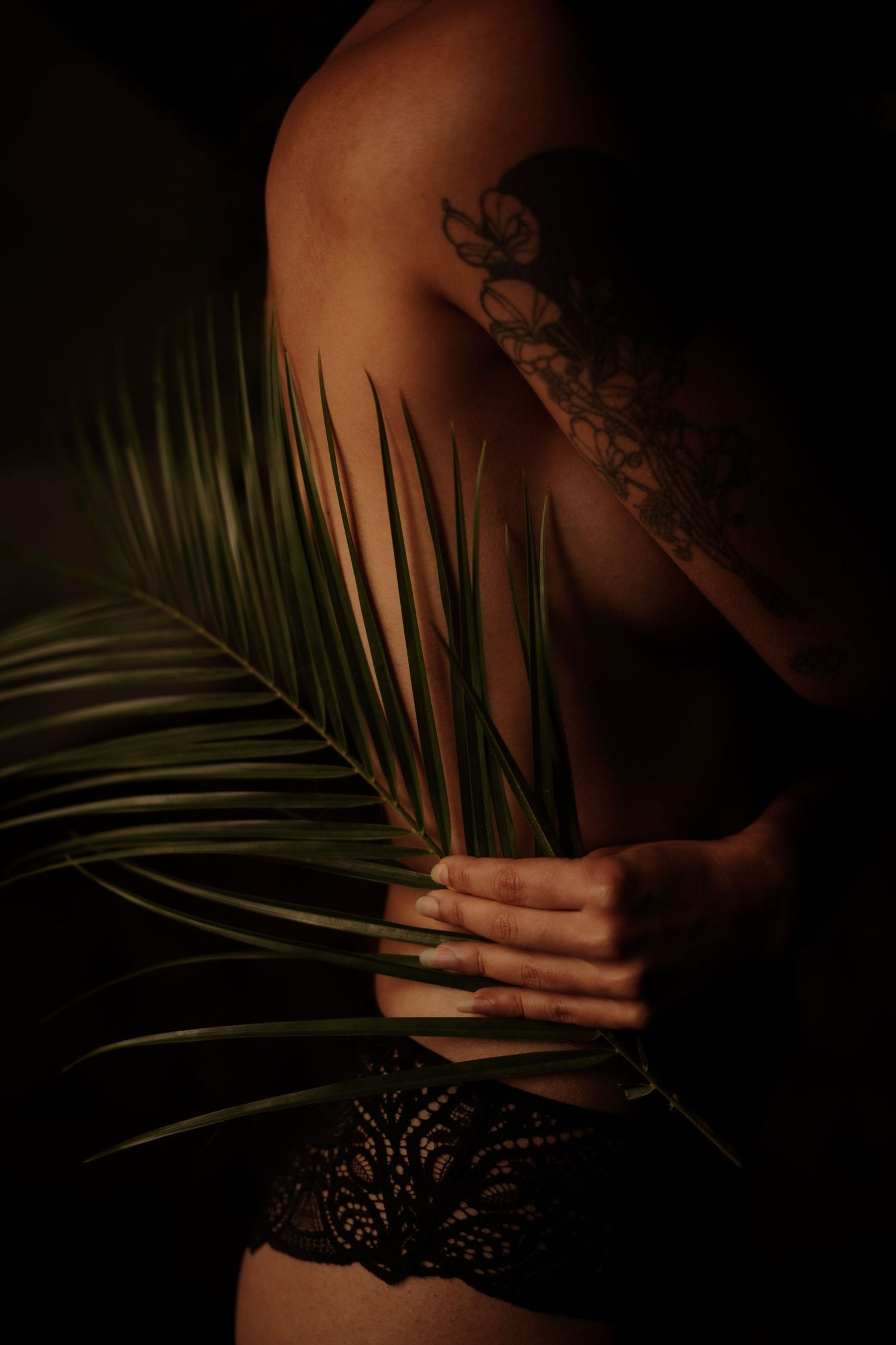Tattooed woman in black lace underwear holding tropical palm leaf in dramatic dark lighting.