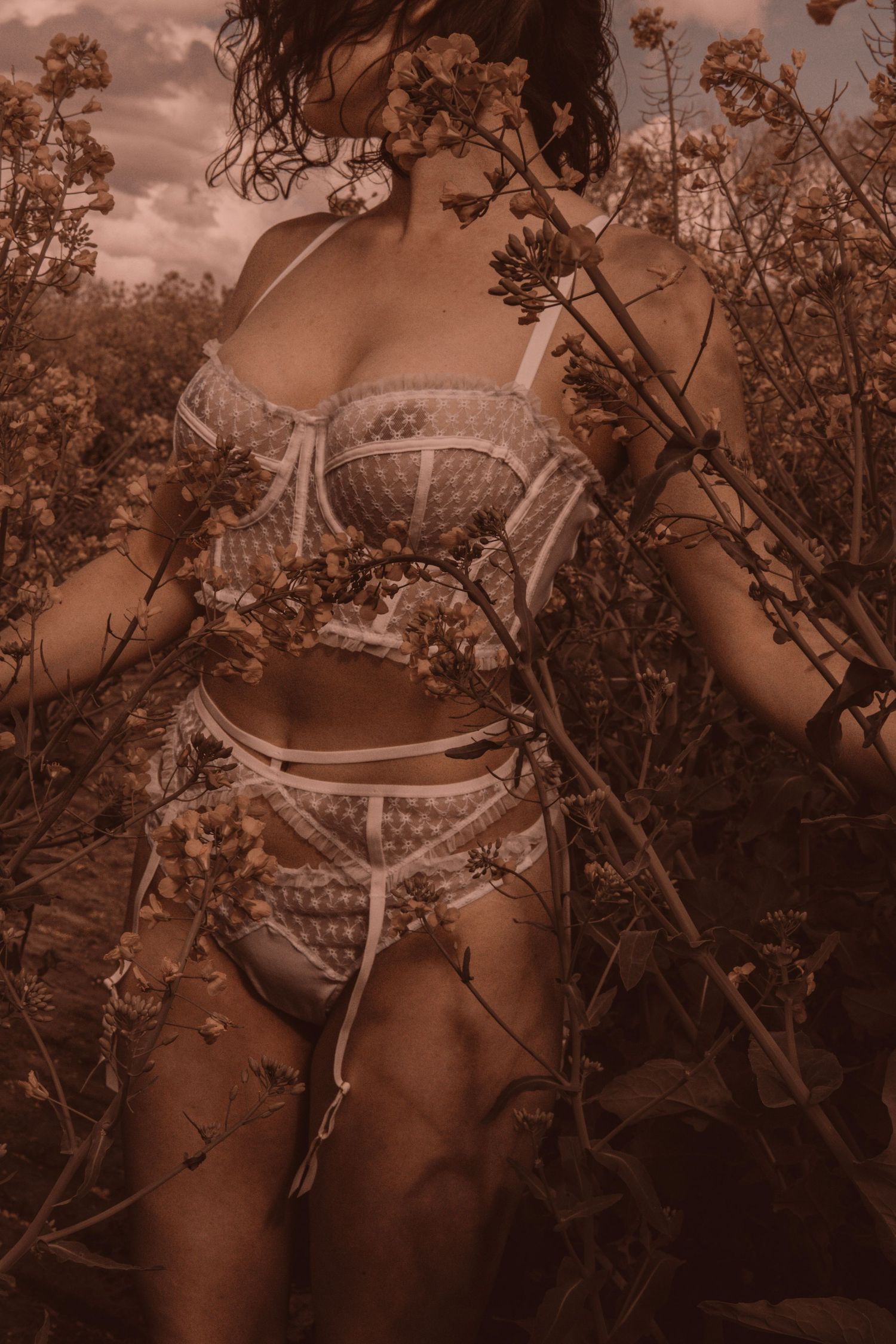 Woman in white patterned lingerie and garter belt standing among wildflowers in a sepia-toned outdoor scene.