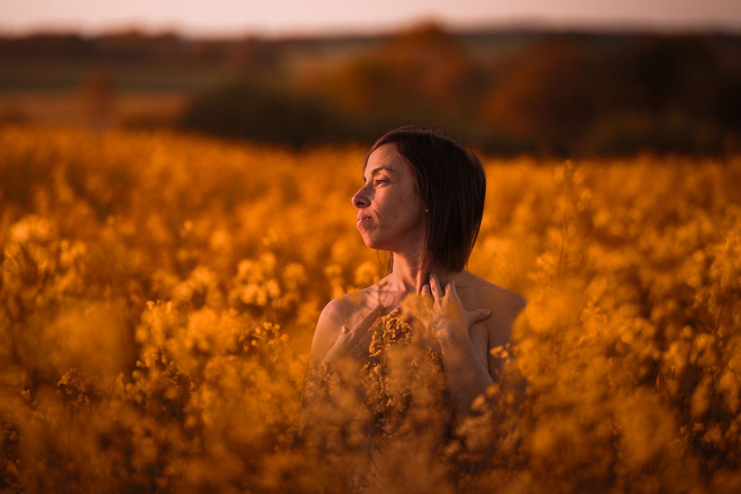 Woman with short dark hair poses among vibrant golden rapeseed flowers in warm glowing sunset light.