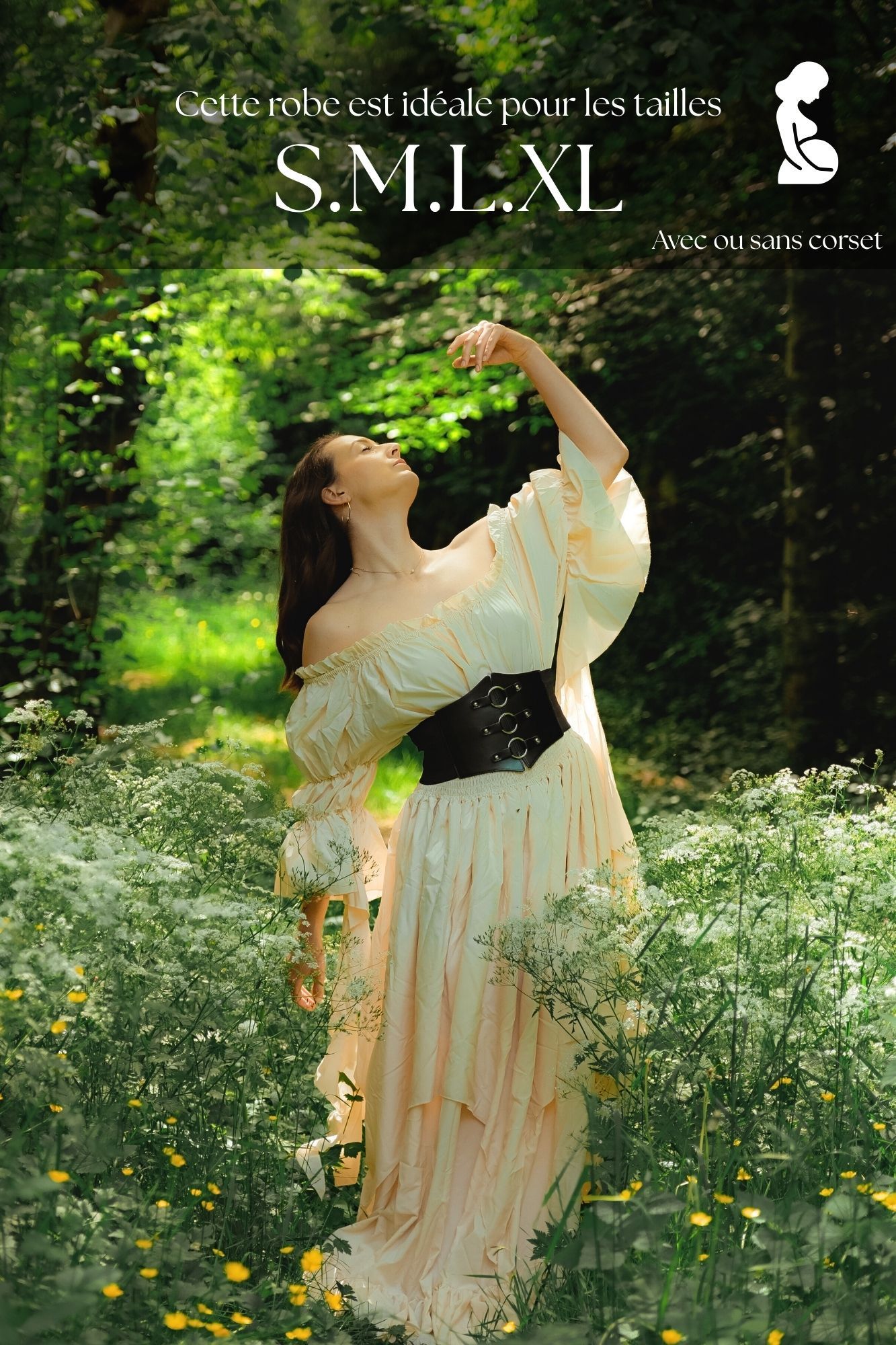 Woman in cream off-shoulder dress with black corset poses gracefully in a lush green forest, available in S,M,L,XL.