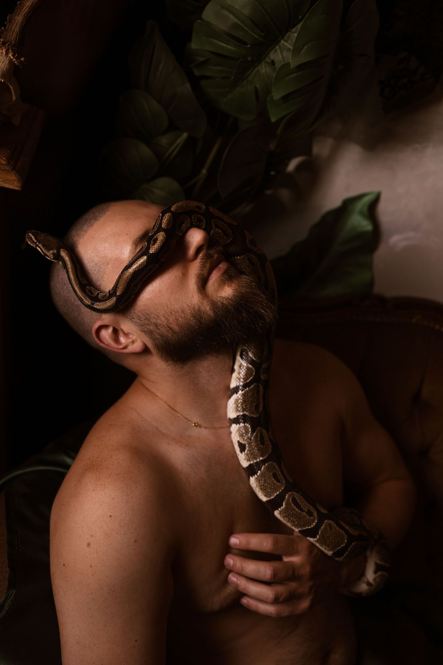 Shirtless man posing with a ball python snake wrapped around his face and neck.