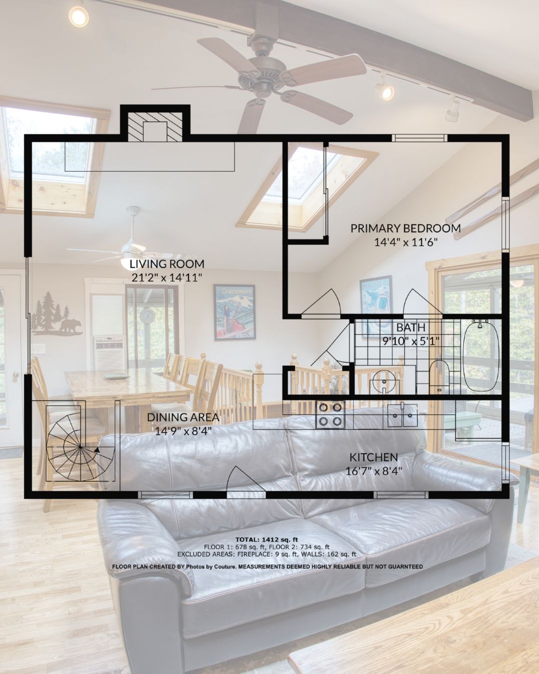 Architectural floor plan overlaid on interior photo showing living room, dining area, kitchen and primary bedroom layout.
