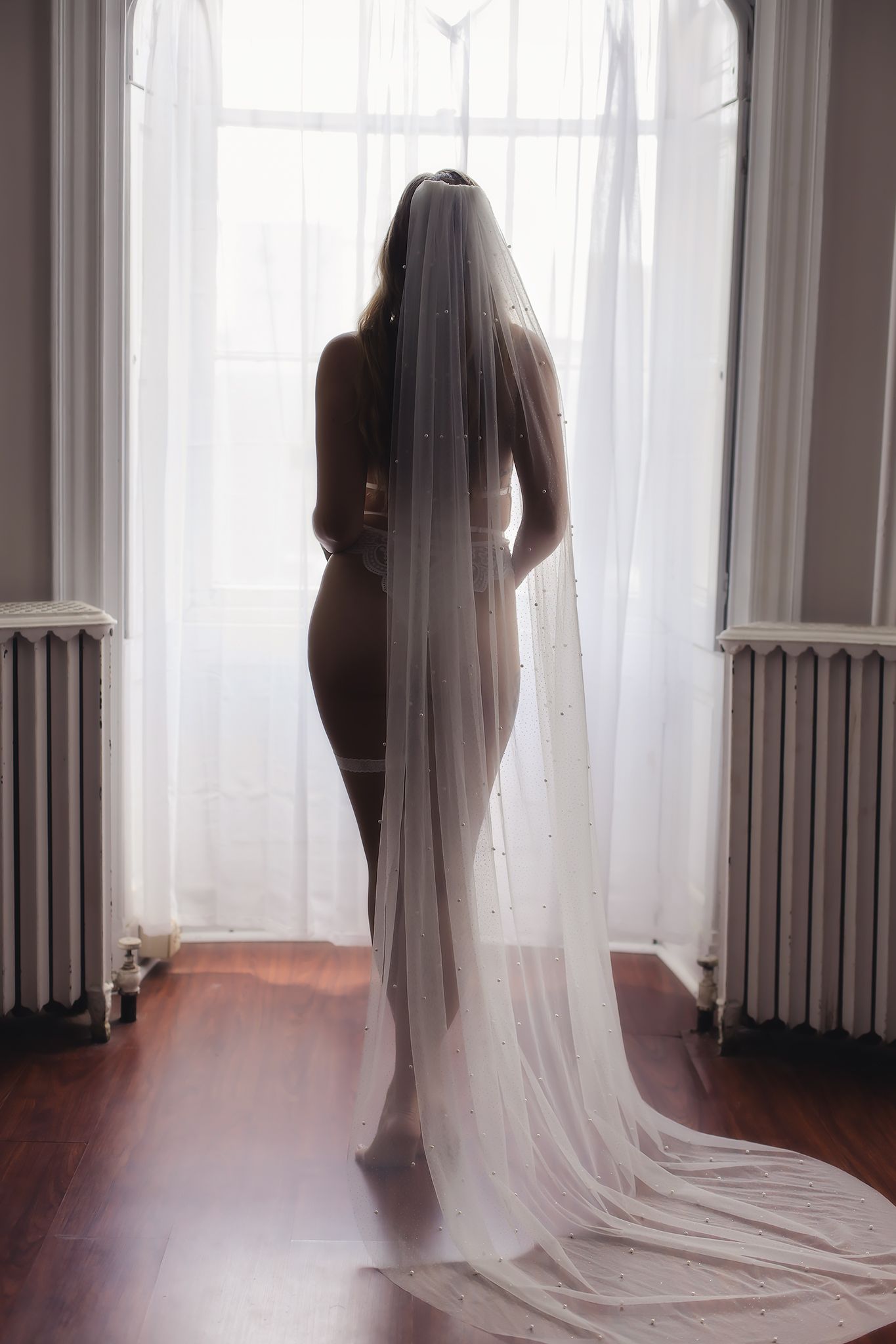 A series of silhouetted bridal portraits showing a long flowing veil against bright windows in an elegant room.
