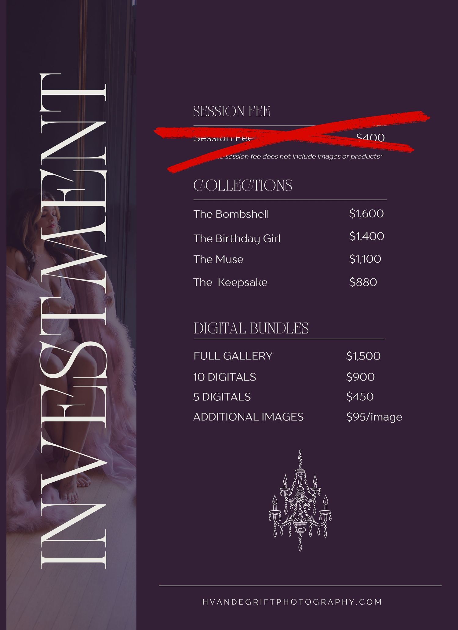 Photography pricing menu displays session fees and digital image packages on a dark background with elegant chandelier design.