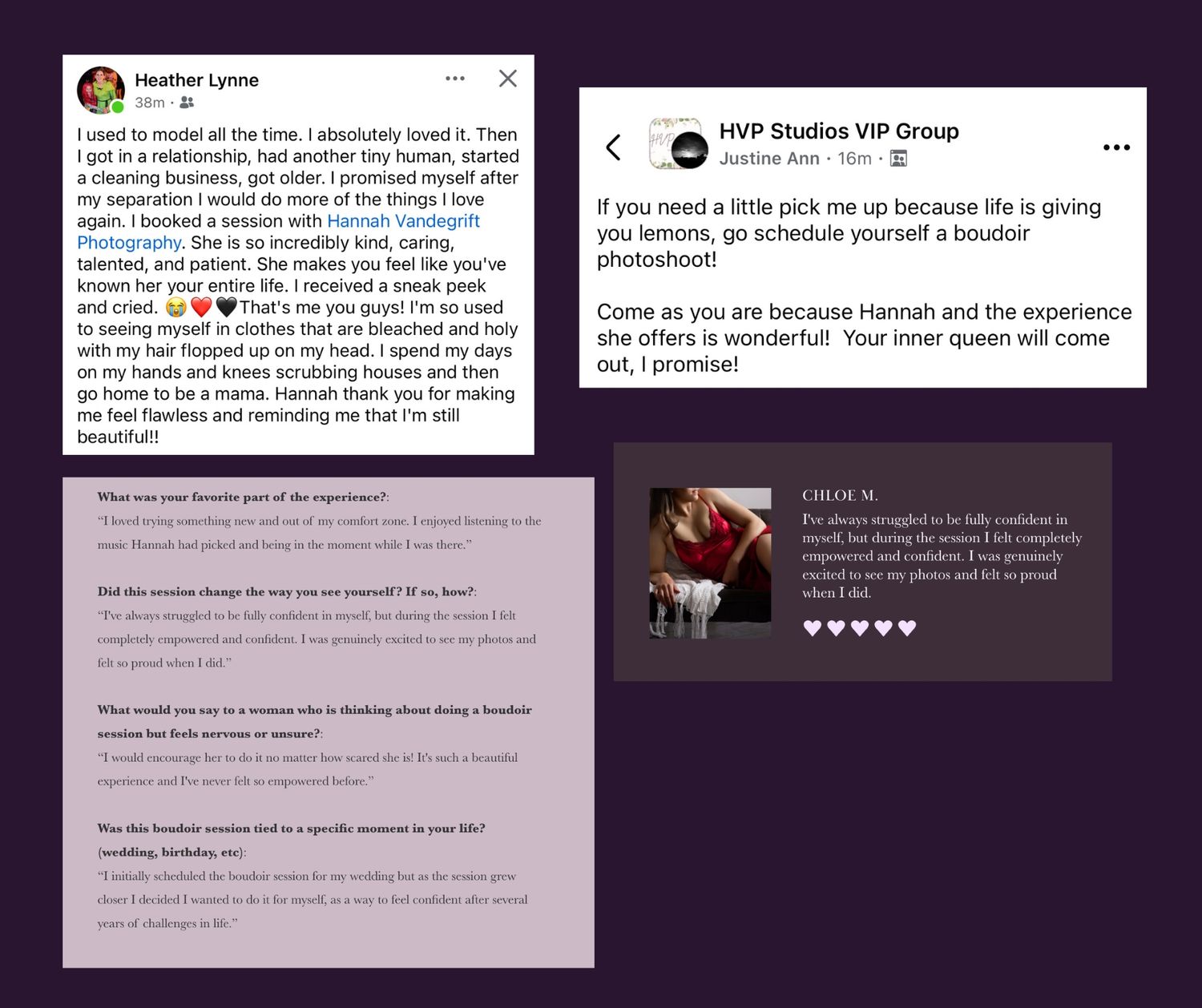A collection of social media posts and reviews displayed in a dark mode interface with white text.