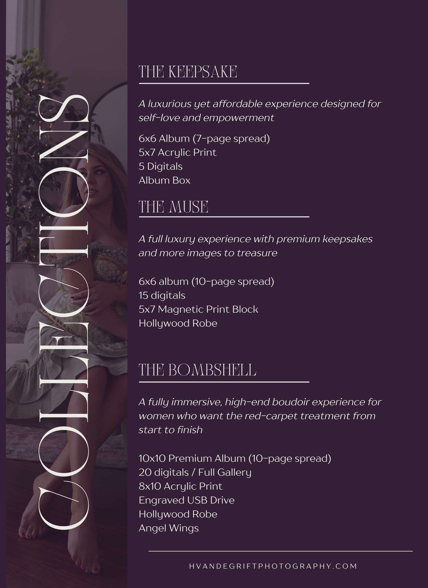 Photography pricing menu showing three tiers: The Keepsake, The Muse, and The Bombshell with package details on dark background.