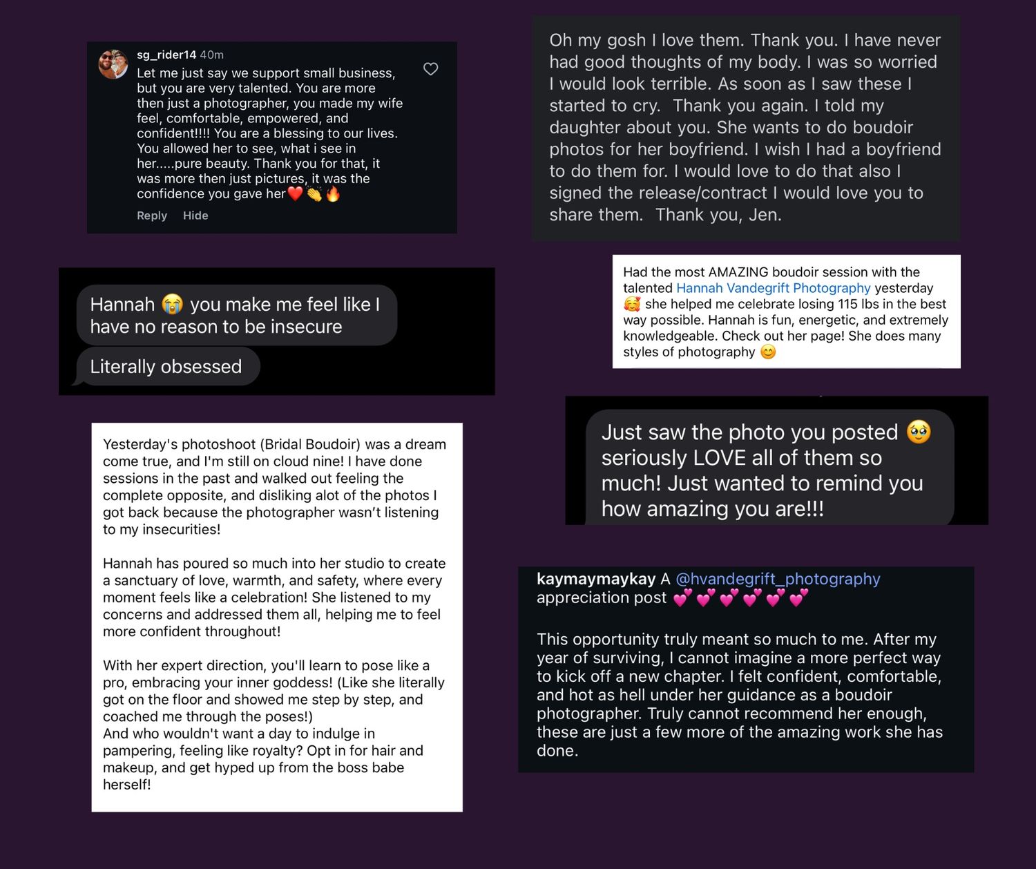 A collection of social media chat messages and comments displayed in dark mode with purple and white text.