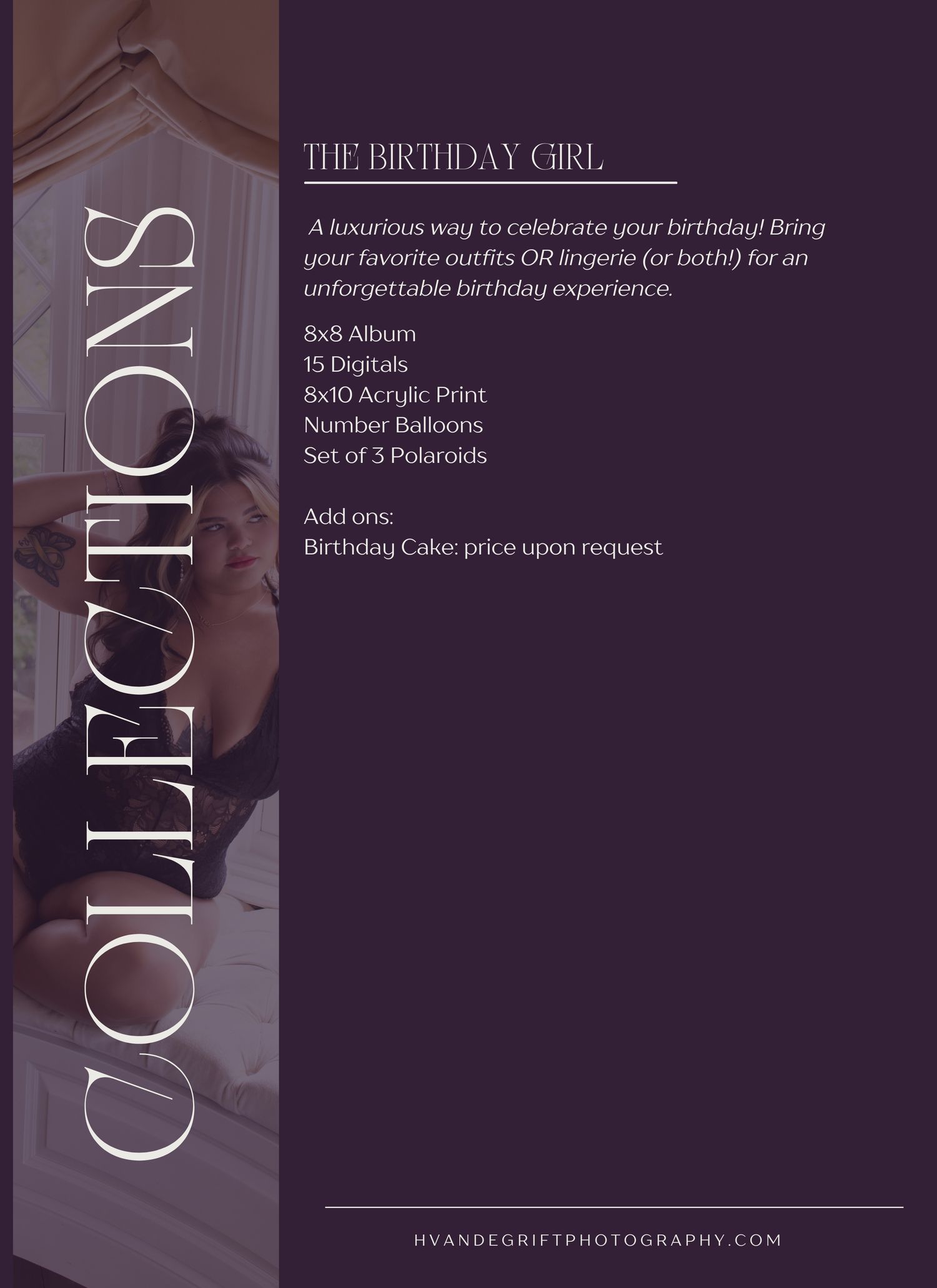 Elegant dark purple photography studio advertisement showcasing birthday photoshoot packages with white text overlay.