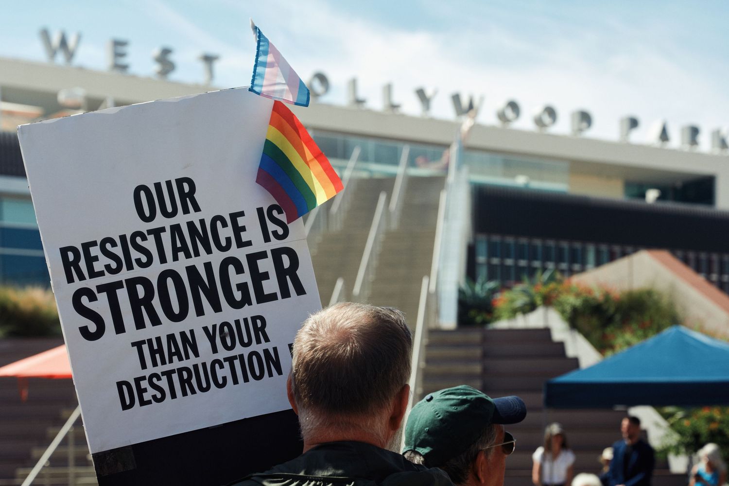 A sign at the No Kings protest in West Hollywood reads in part “Our Resistance is Stronger,” March 28, 2026. (Afonso Salcedo)