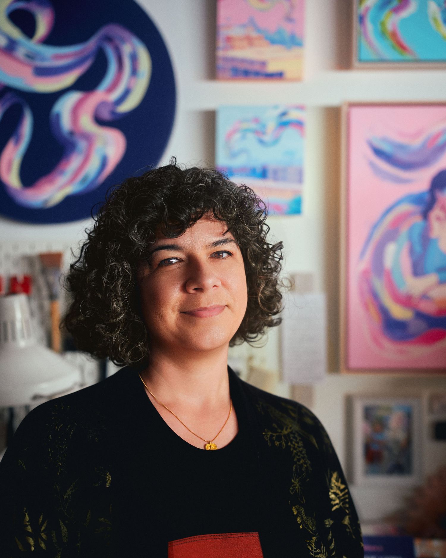 Teri Hendrich Cusumano with her work in Glendale, Calif., March 2026. (Afonso Salcedo)