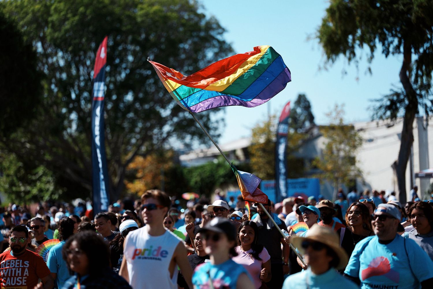A large crowd of people march with pride flags and banners during an outdoor LGBTQ+ pride parade celebration.