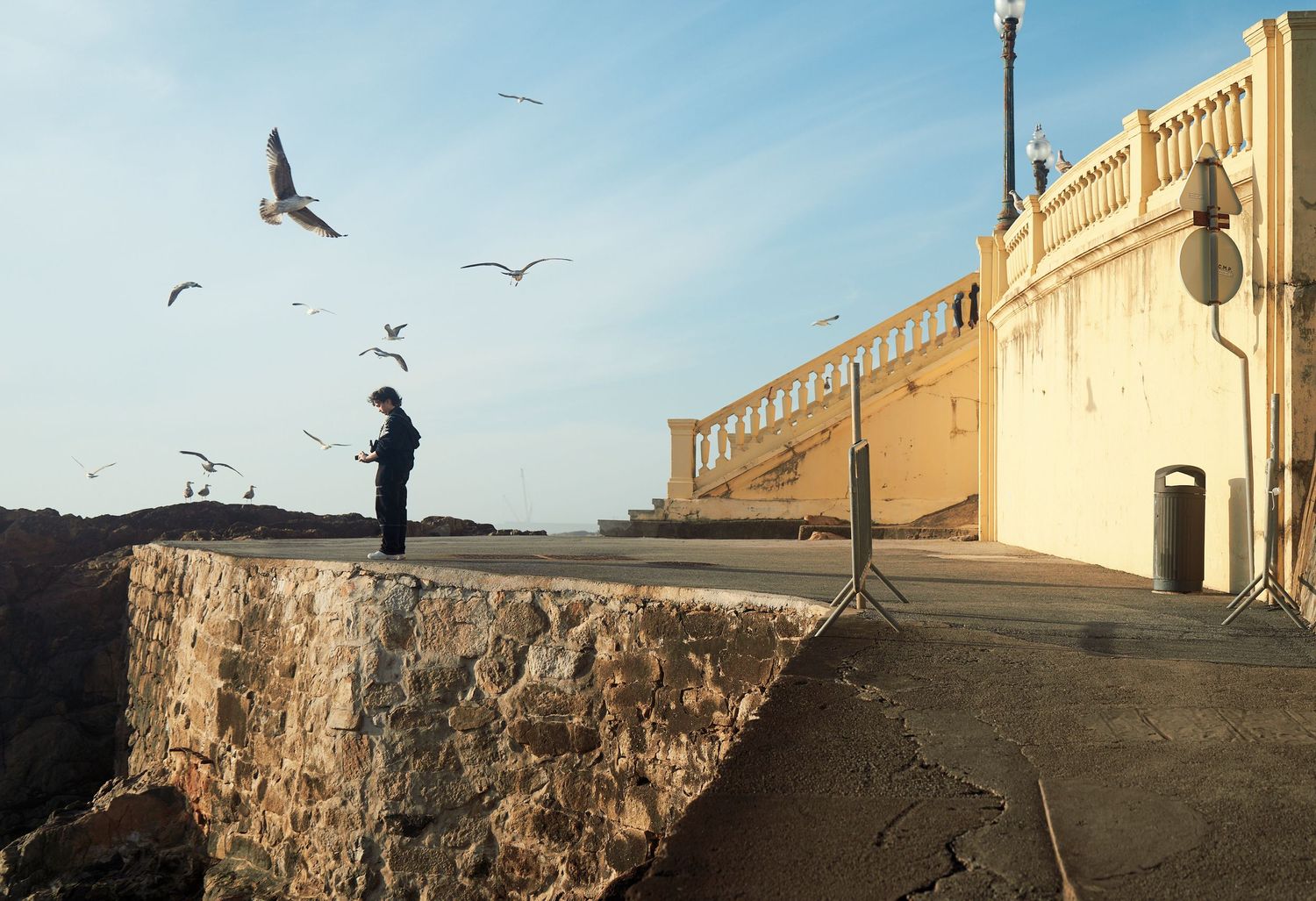 A scenic view of seagulls flying near historic stone walls along a coastal path at sunset.