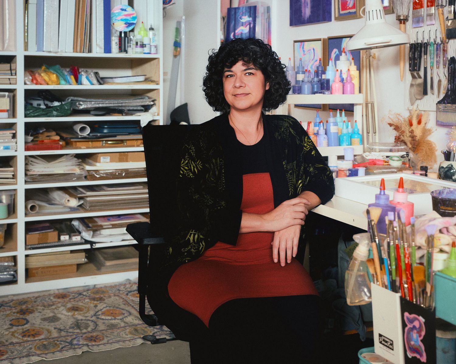 Teri Hendrich Cusumano in her garage art studio in Glendale, Calif., March 2026. (Afonso Salcedo)