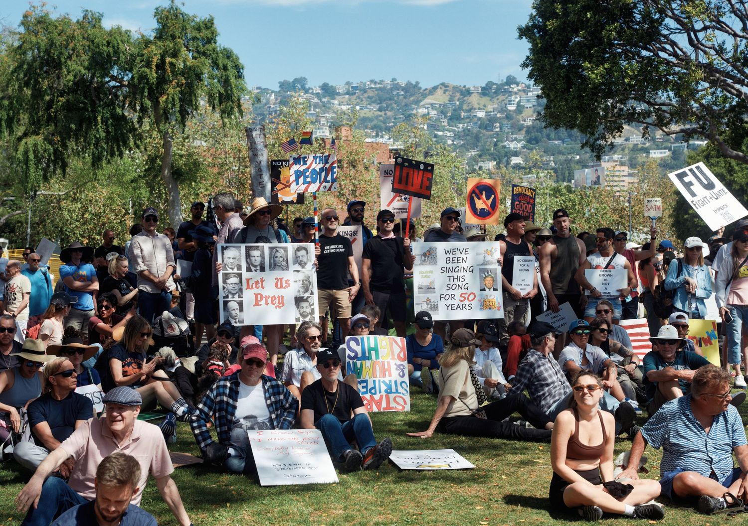 Demonstrators gather at West Hollywood Park for the No Kings day of action, March 28, 2026. (Afonso Salcedo)