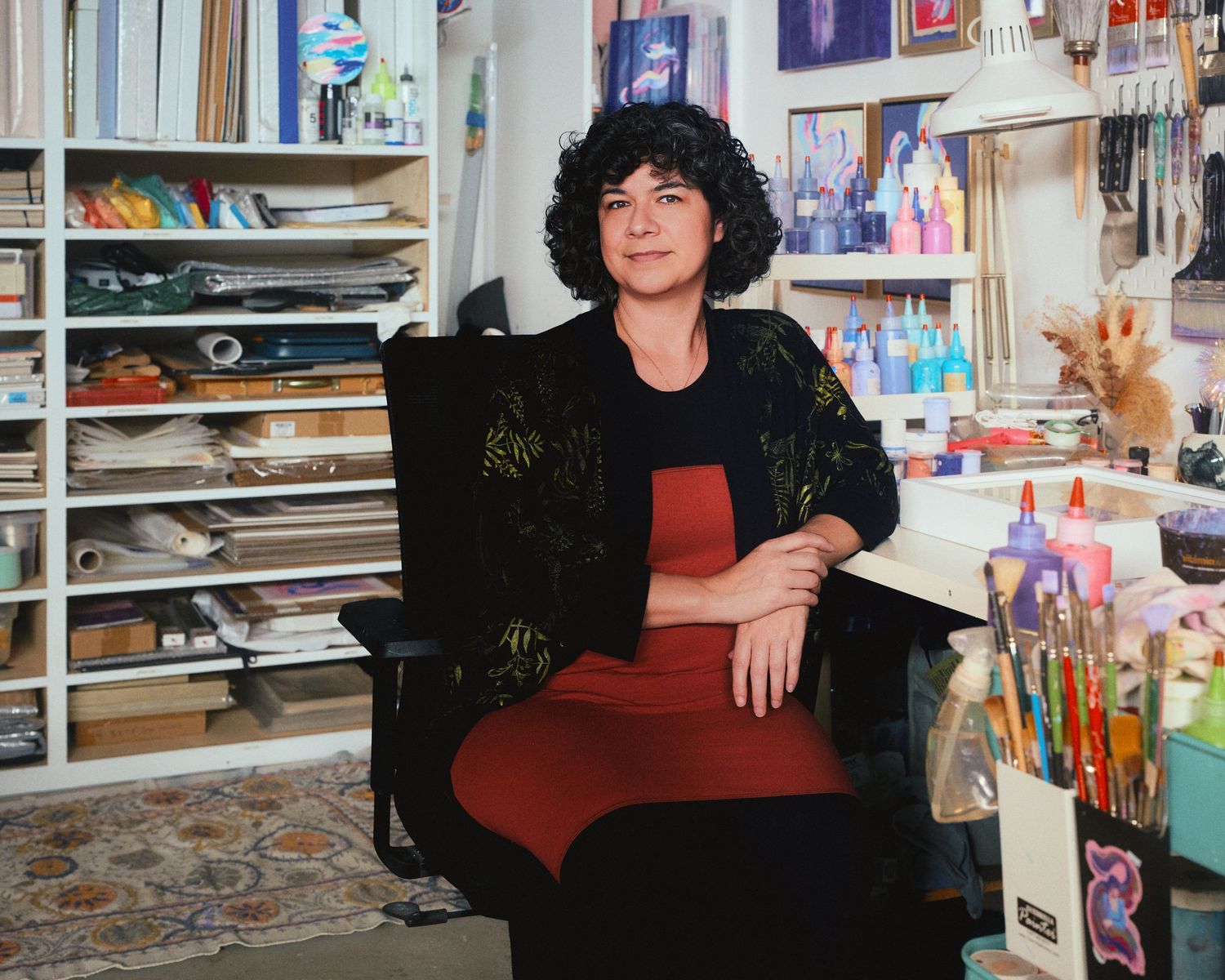 Teri Hendrich Cusumano in her art studio in Glendale, Calif., March 2026. (Afonso Salcedo)