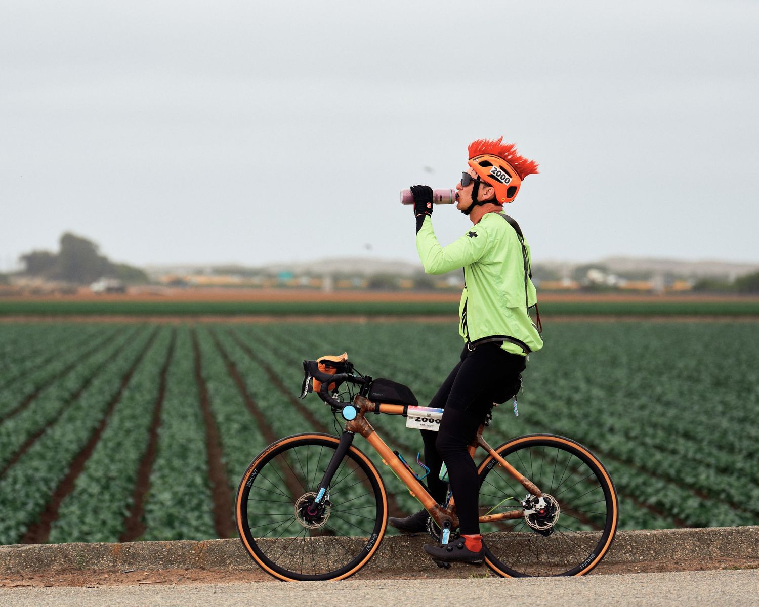Cyclist in bright yellow jacket and orange helmet stands with bike beside green agricultural field on overcast day.