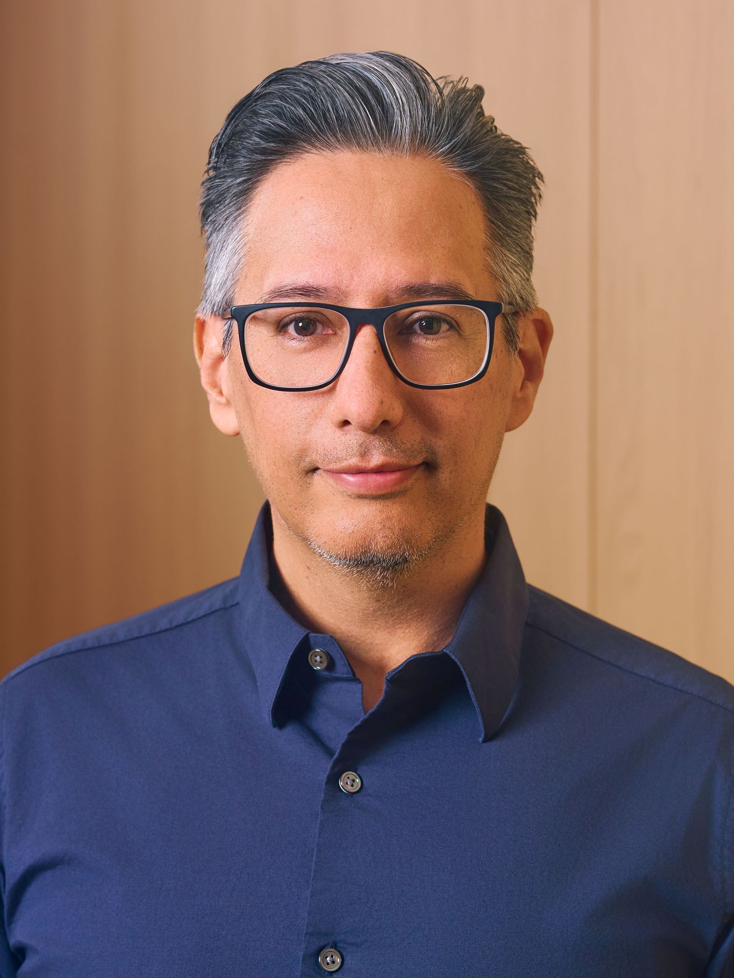 Middle-aged man with gray-streaked hair and dark rectangular glasses wearing a blue shirt against a wood background.