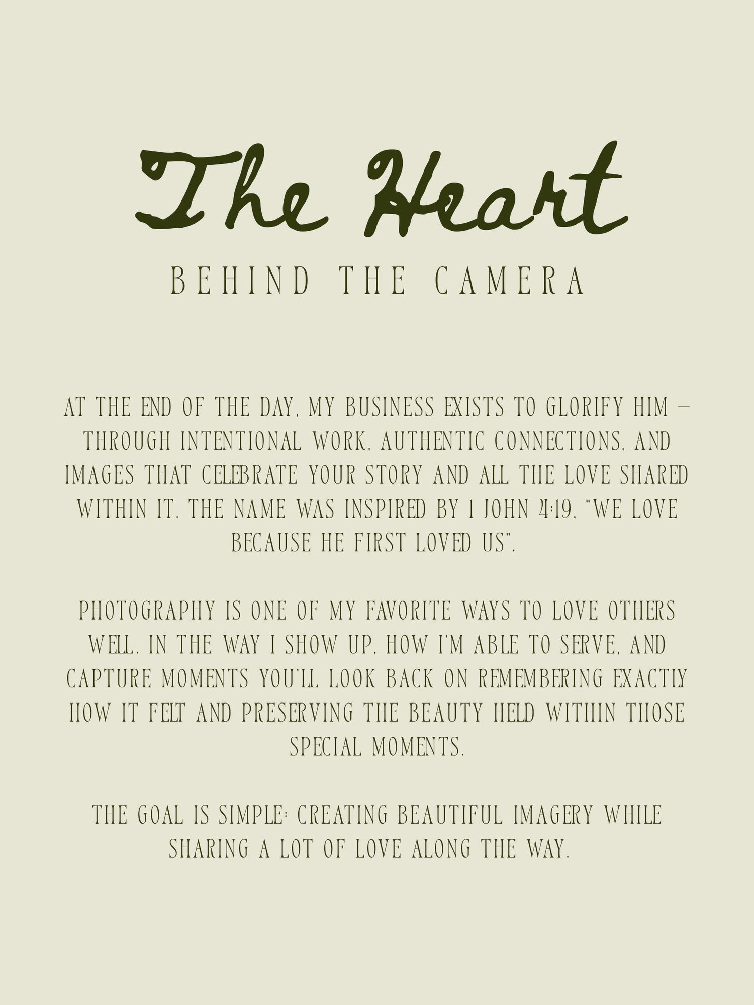 Text overlay describing a photographer's mission statement and heart behind their camera work.