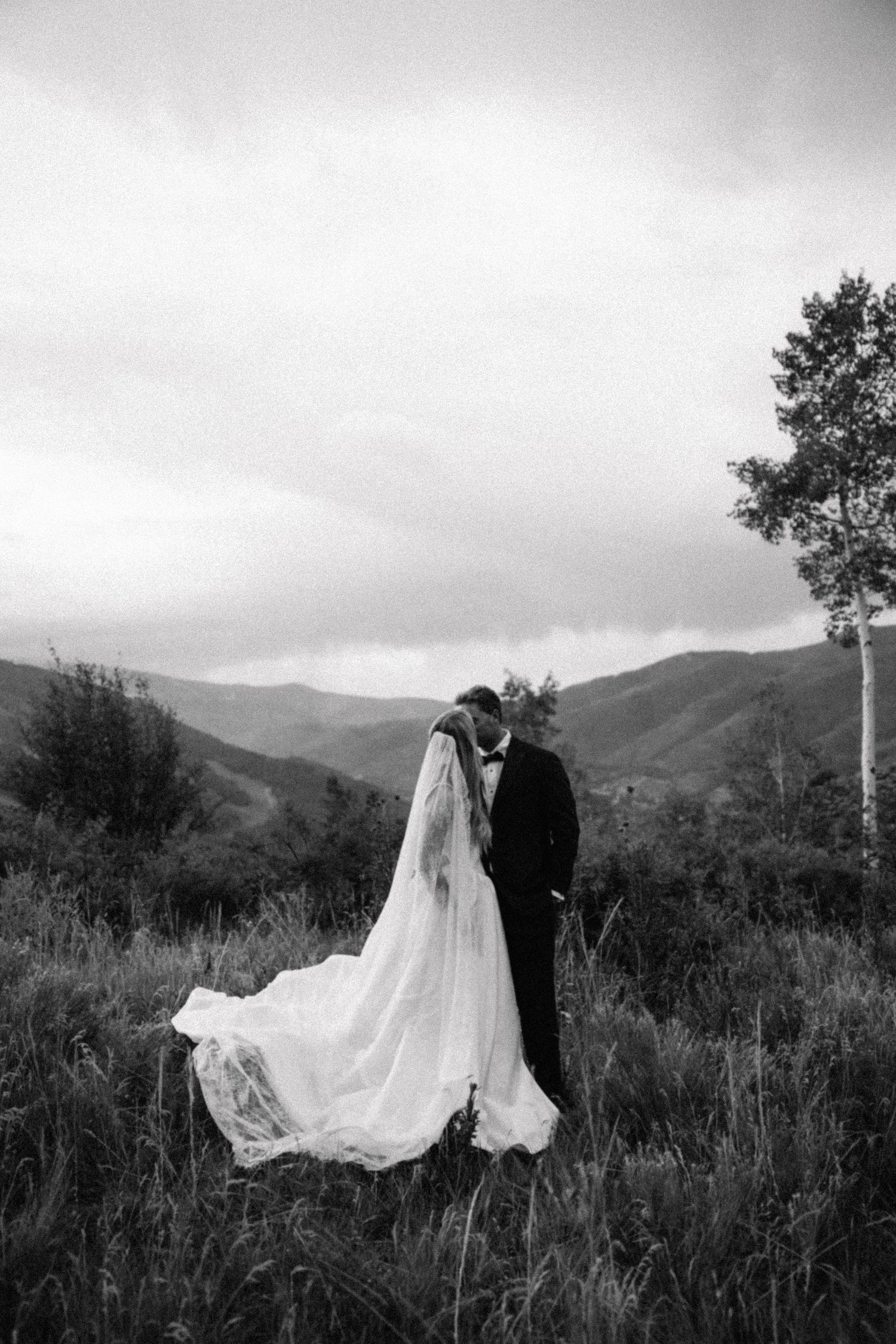Black and white photo of bride and groom kissing on a mountain meadow, wedding veil flowing in the wind.