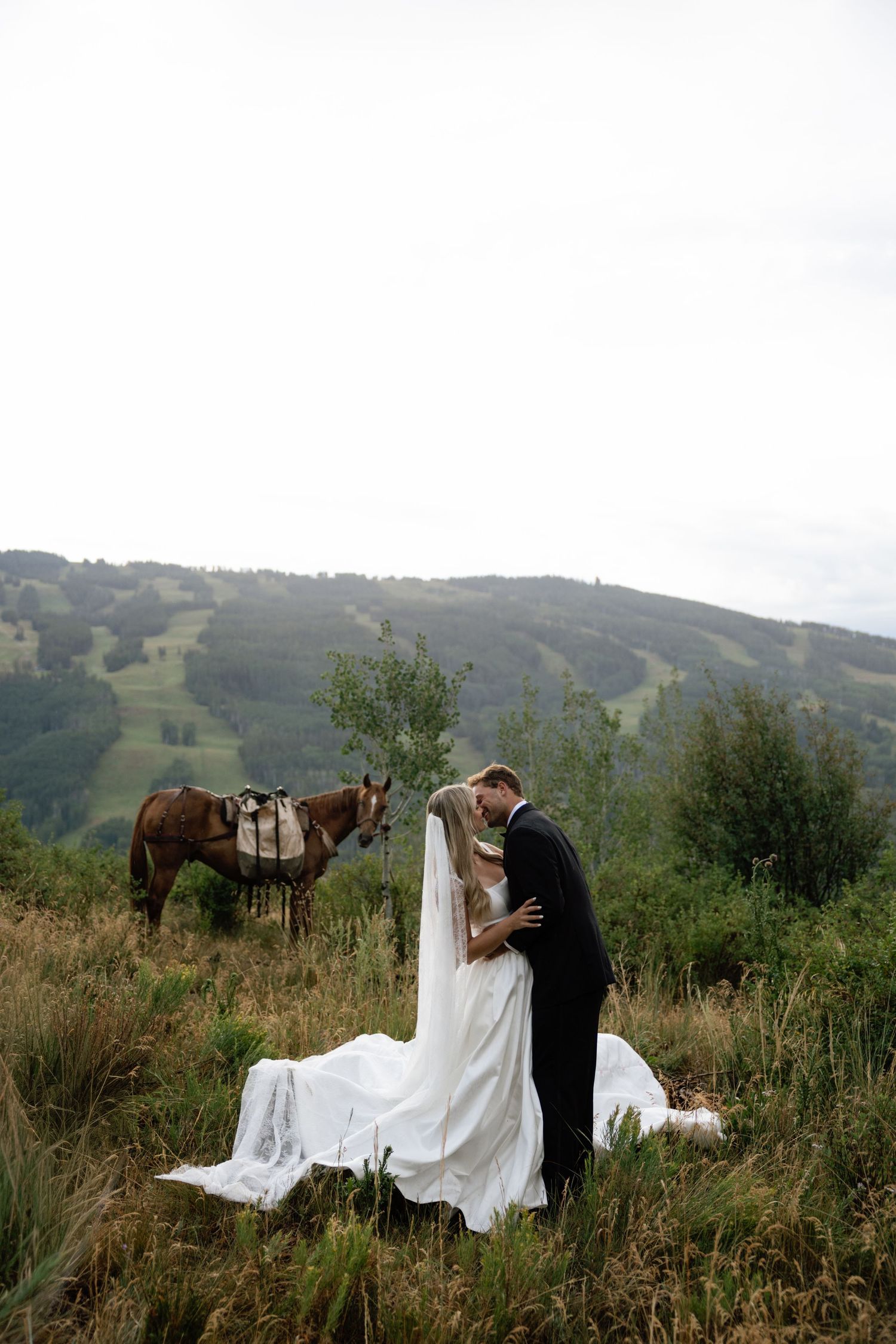 Bride and groom share a romantic kiss on a mountain meadow with a brown horse and rolling green hills behind them.