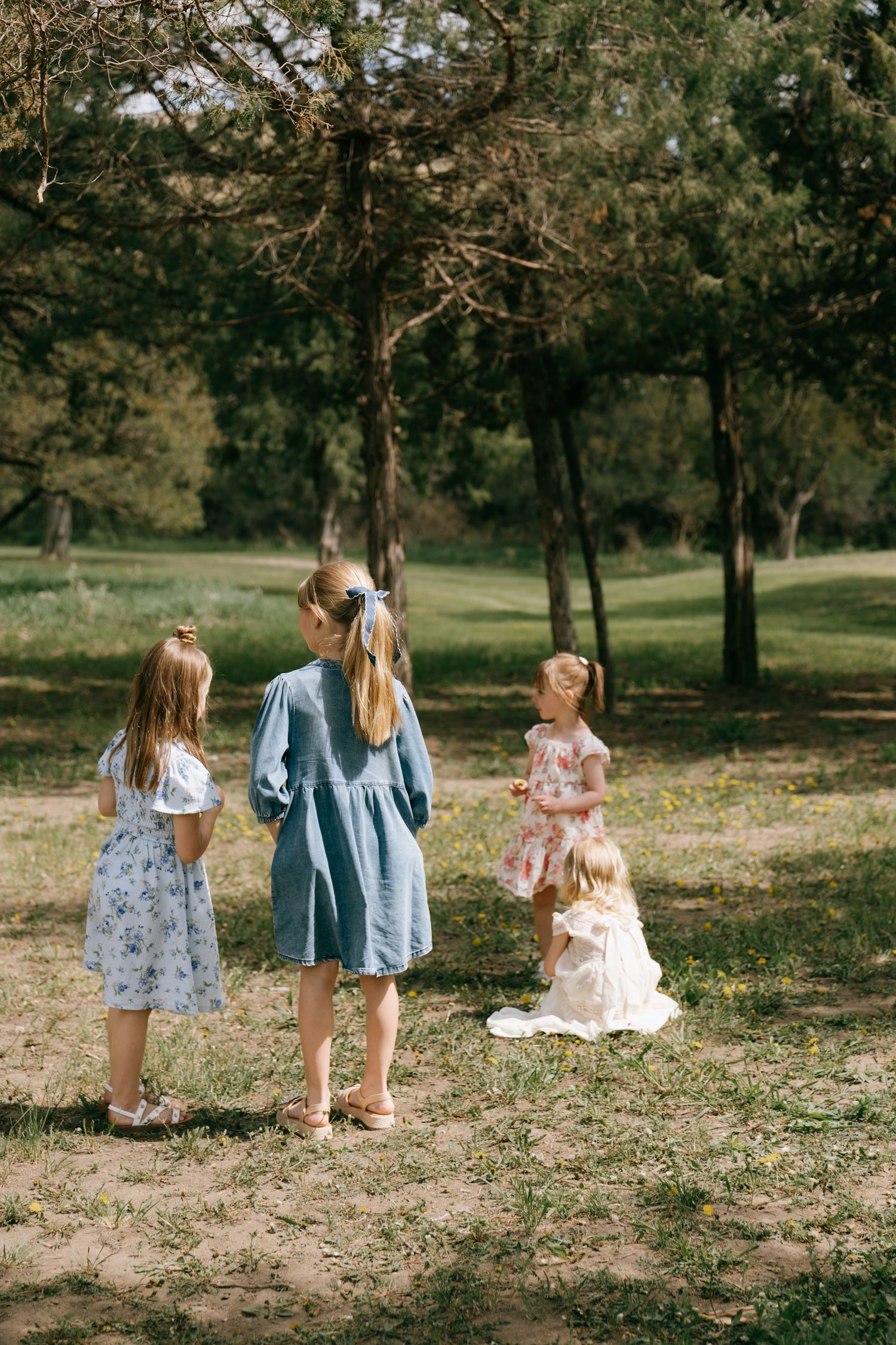 Four young girls in floral dresses standing together in a sunny park looking up at tree branches.