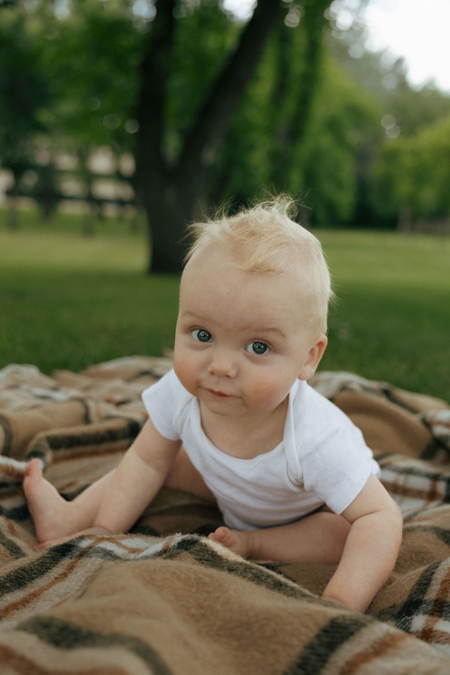 baby leaning in on blanket in park looking at the camera