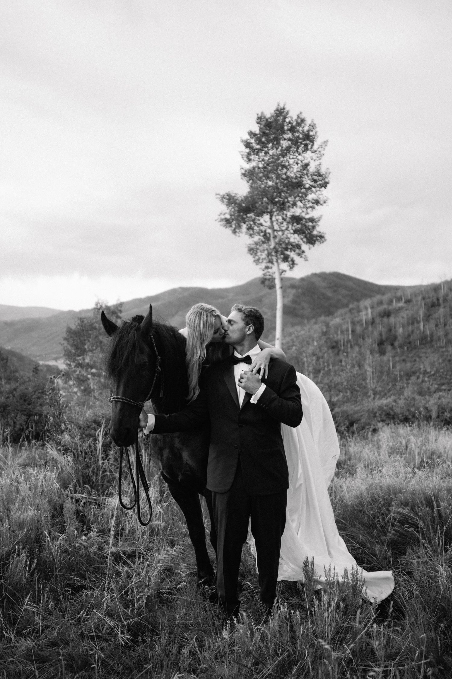 Black and white photo of a bride and groom kissing beside a dark horse in a mountain meadow.