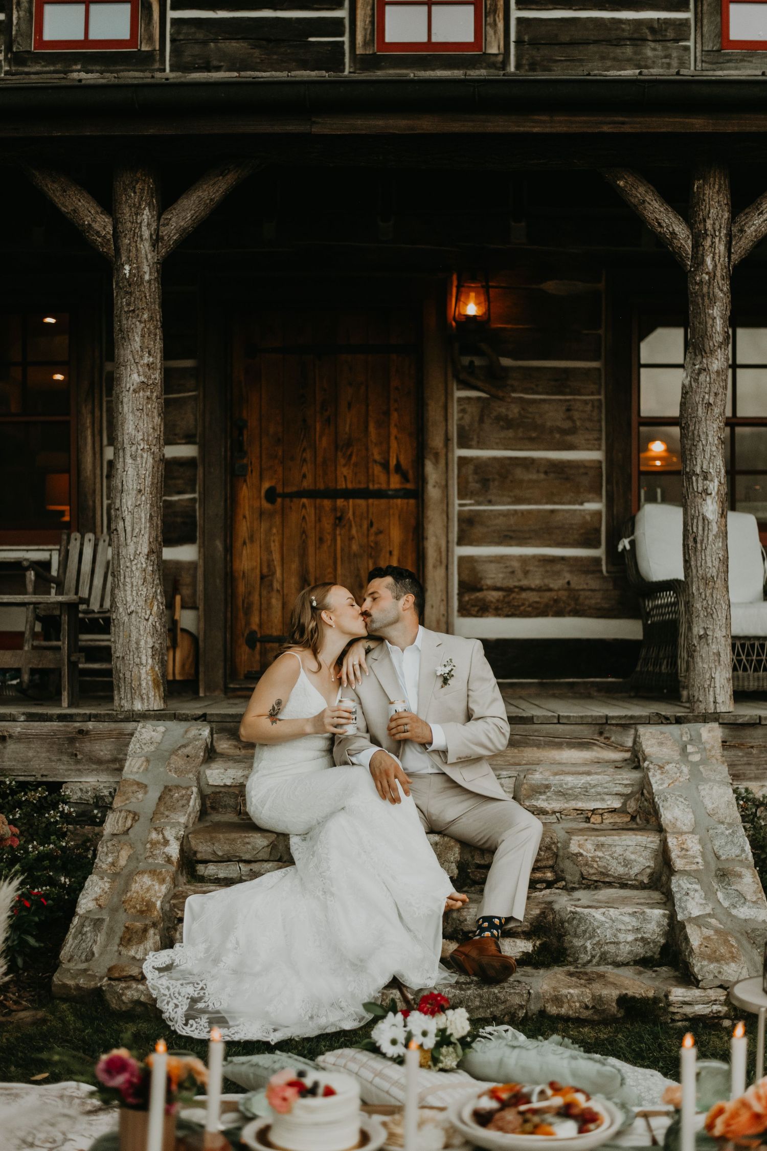 Rustic cabin wedding scene with intimate table setting and romantic lighting in North Carolina.