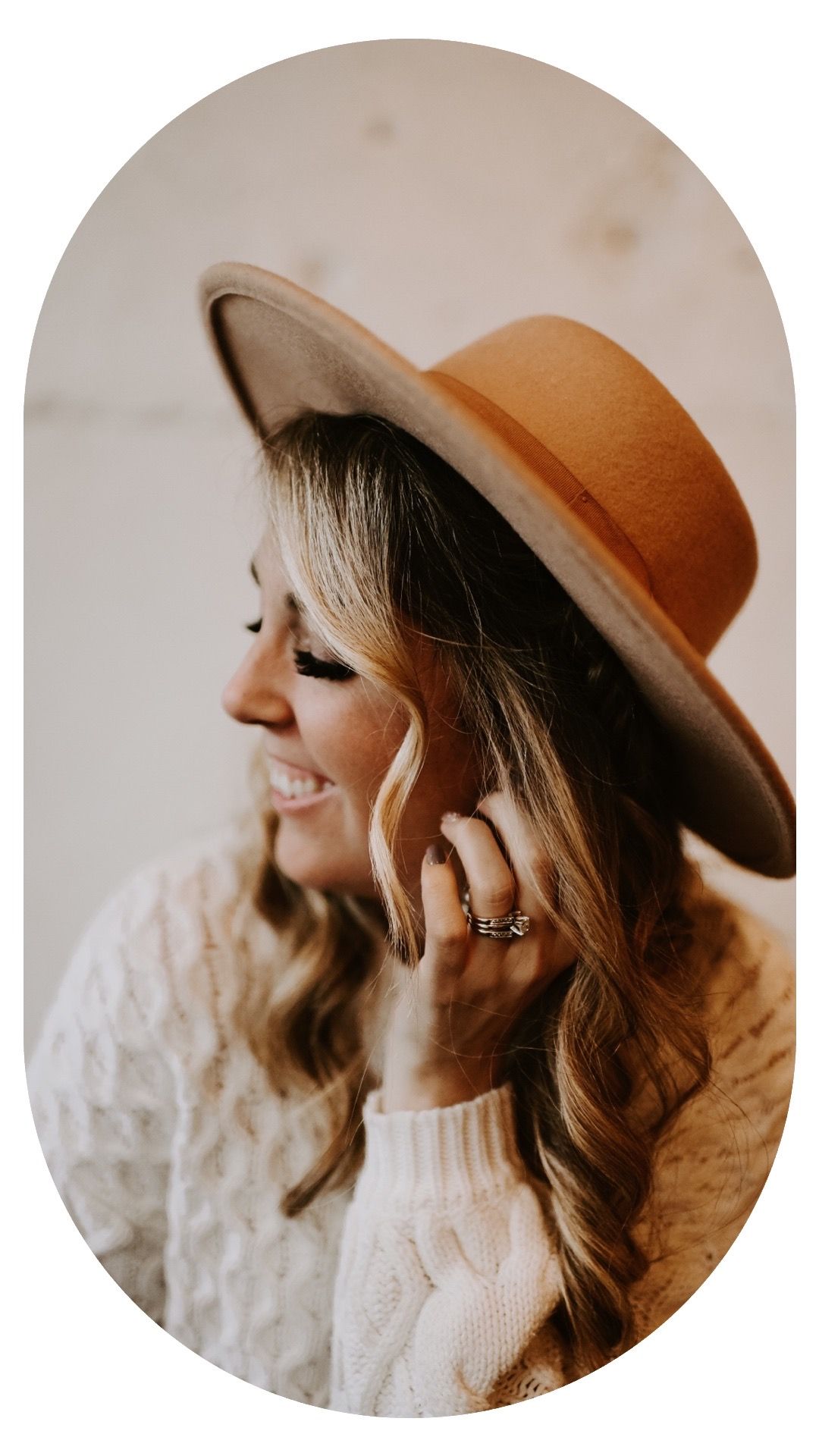 A series of four circular profile photos showing a person in a brown fedora hat and cream sweater against a light background.