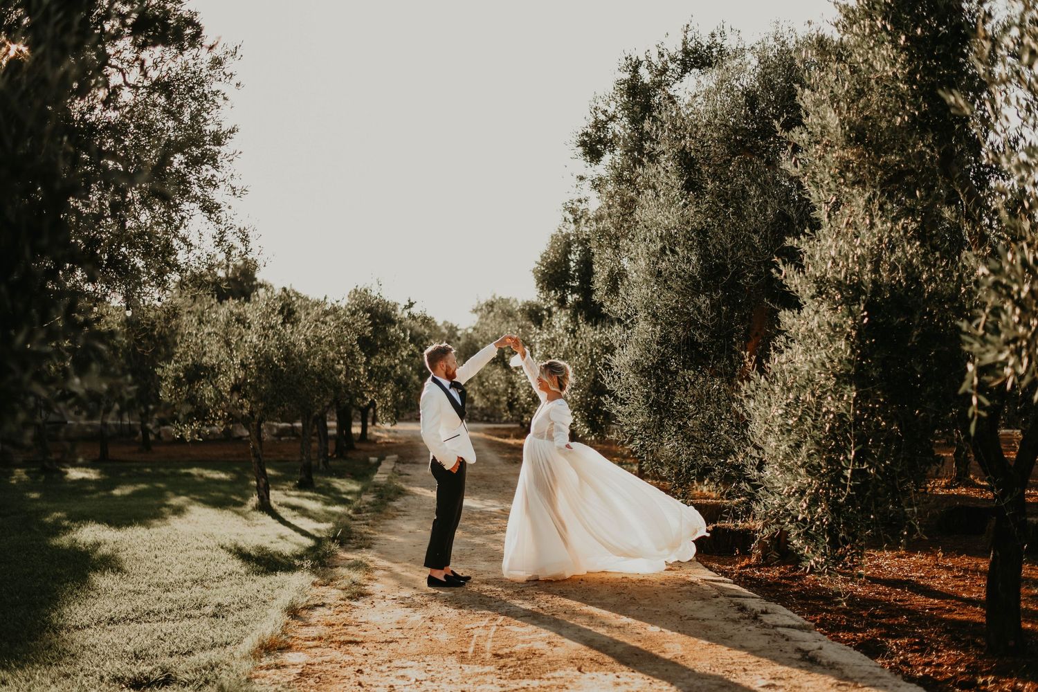 Wedding couple walks through an olive grove path during golden hour in Puglia Italy.