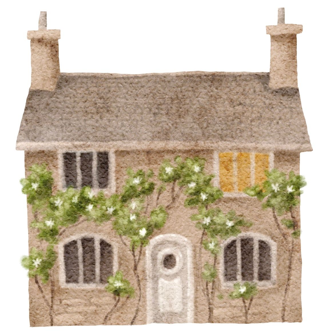 Watercolor drawing of a cozy cottage with green vines and beige stone exterior.