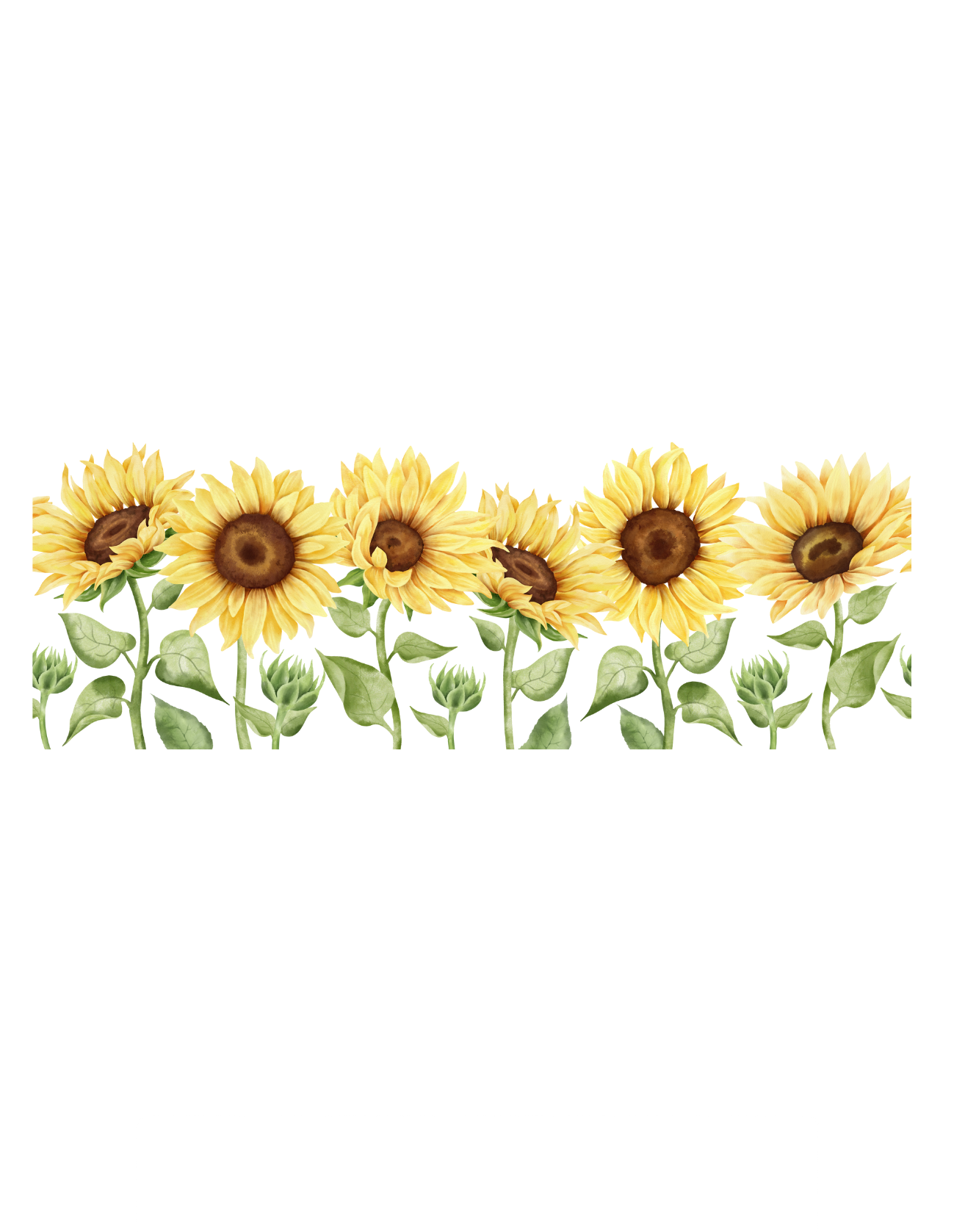 A row of six bright yellow sunflowers with green stems and leaves arranged in a decorative border illustration.