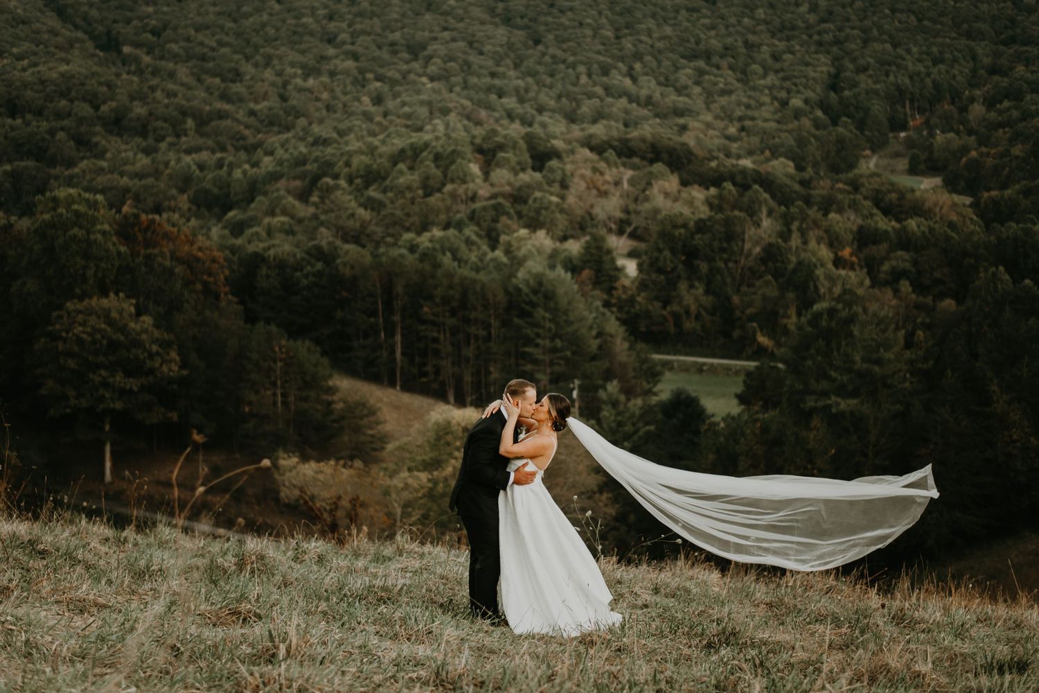 Wedding couple embraces on scenic hillside with flowing veil in mountain landscape in North Carolina.