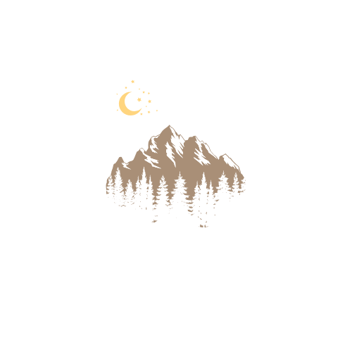 Minimalist illustration of mountain landscape with crescent moon and evergreen trees.