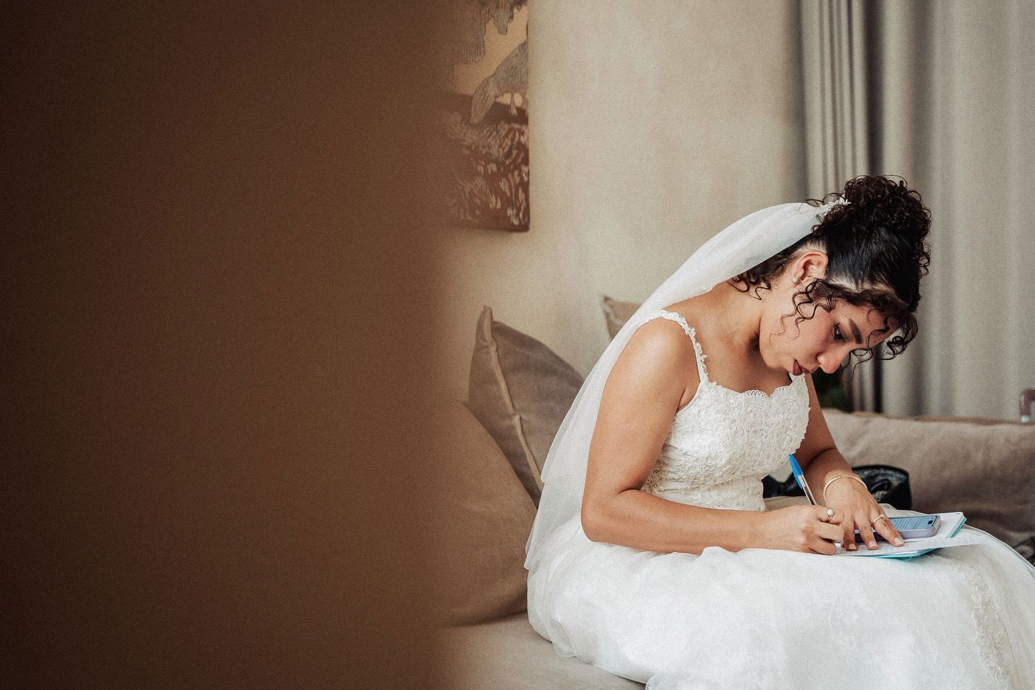 Montage showing bride getting primped and styled during wedding preparations in a white dress.