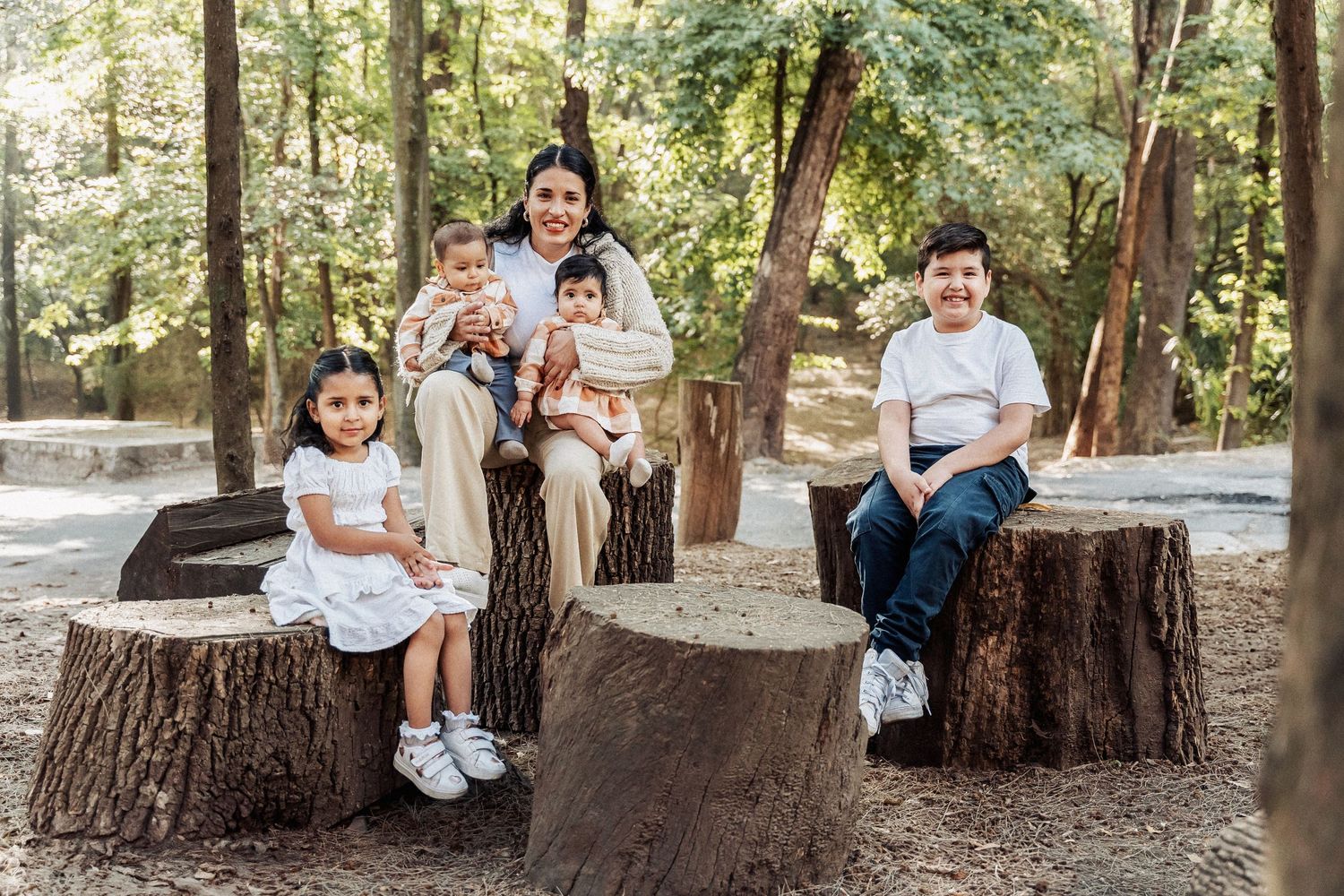 A family sits together on tree stumps in a wooded outdoor setting on a sunny day.