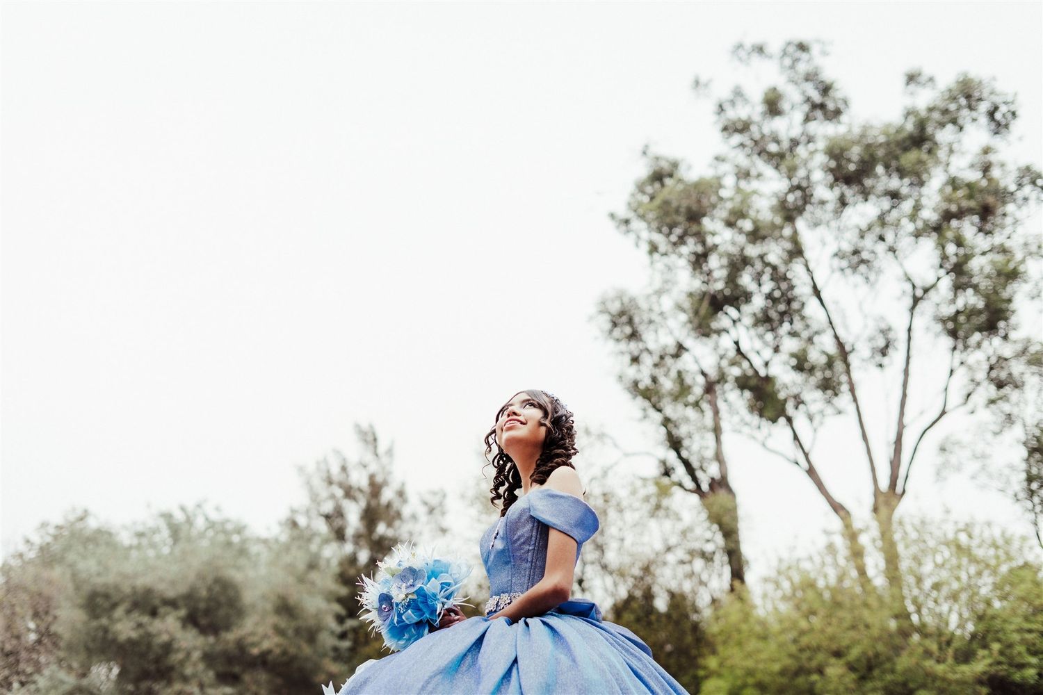 A person in a flowing blue dress poses gracefully among rustic trees and tall grass in a natural outdoor setting.